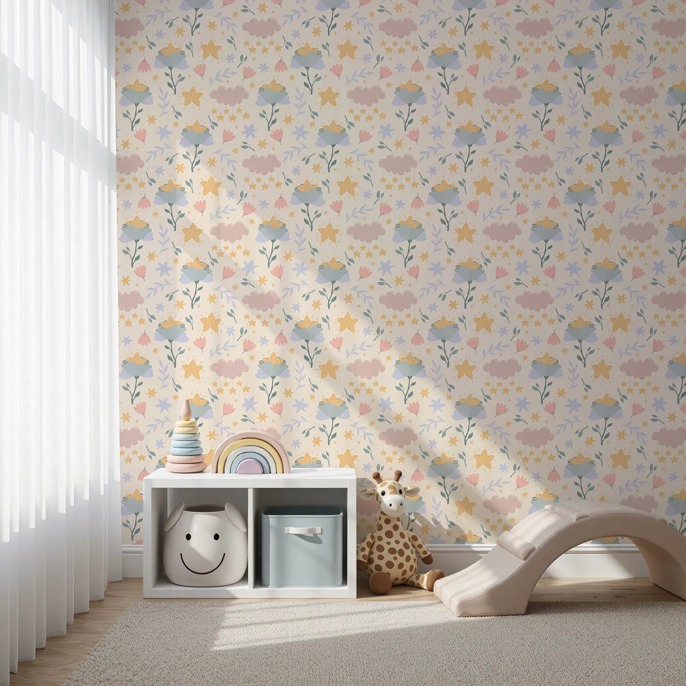 Front view of Whimsy Tots' Starlight Blossom Dreams Wallpaper in Vanilla Cream