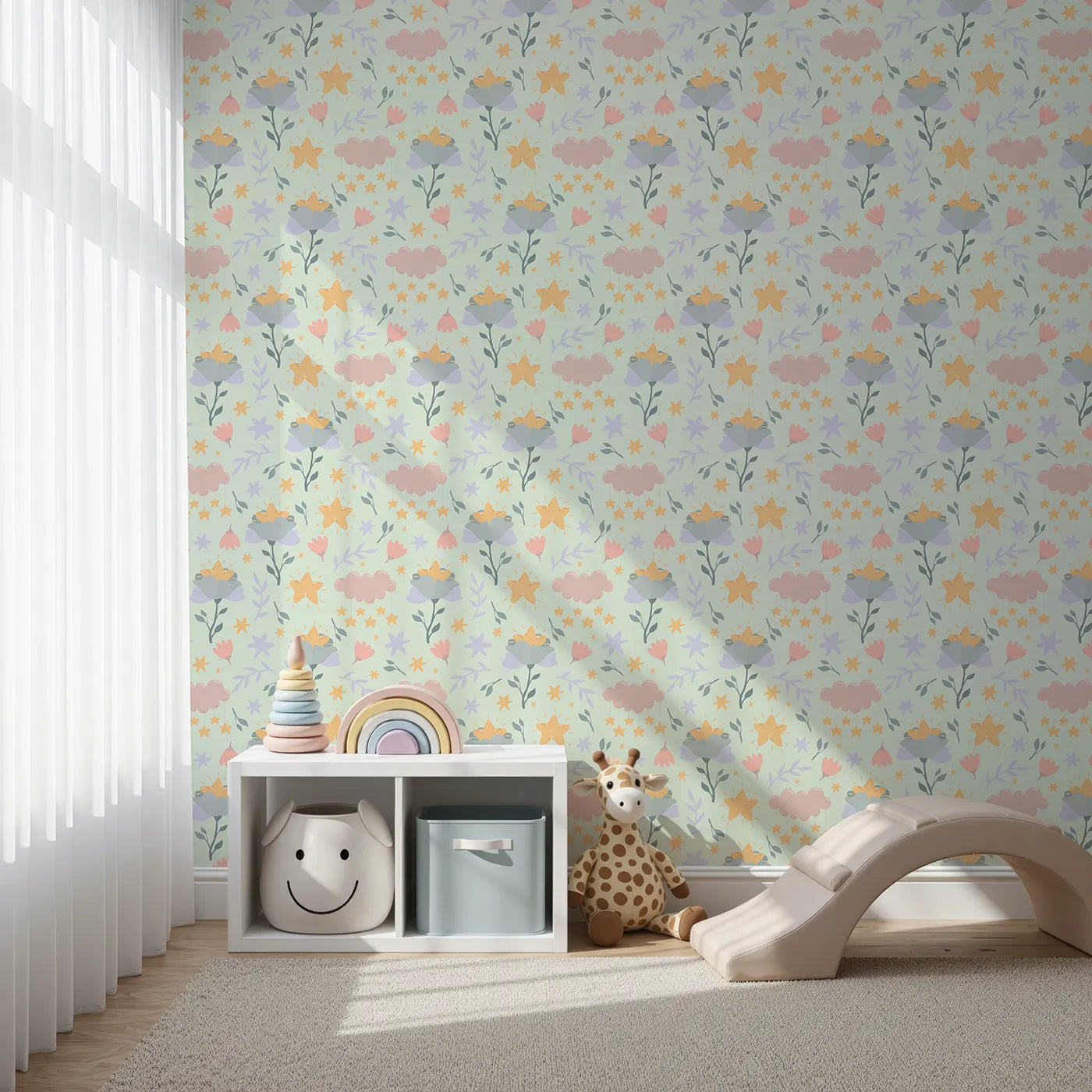 Front view of Whimsy Tots' Starlight Blossom Dreams Wallpaper in Mint Sky Green