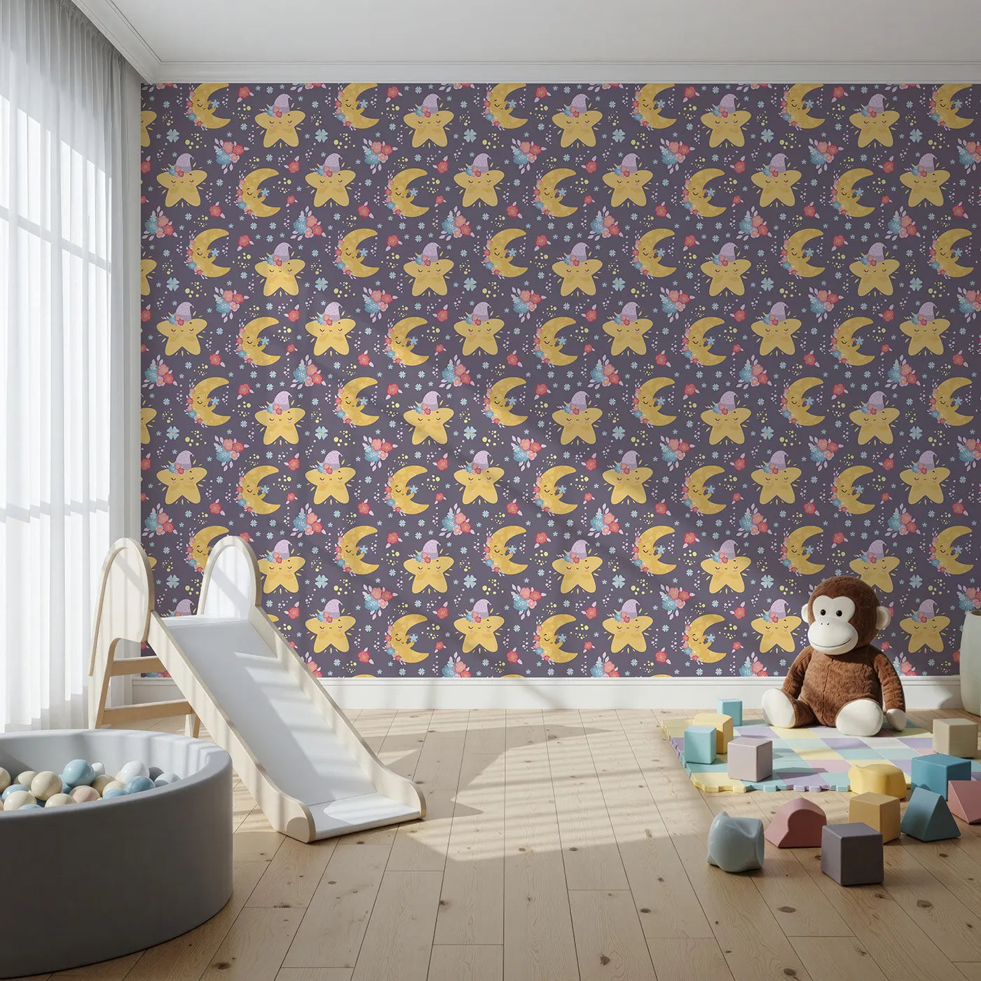 Front view of Whimsy Tots' Starry Cuddle Sky Wallpaper in Twilight Plum