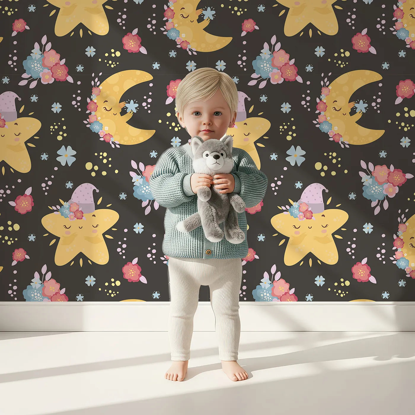 Lovely child standing in front of Whimsy Tots Starry Cuddle Sky Wallpaper in Starry Night Black with star, moon, flower, hat in design.