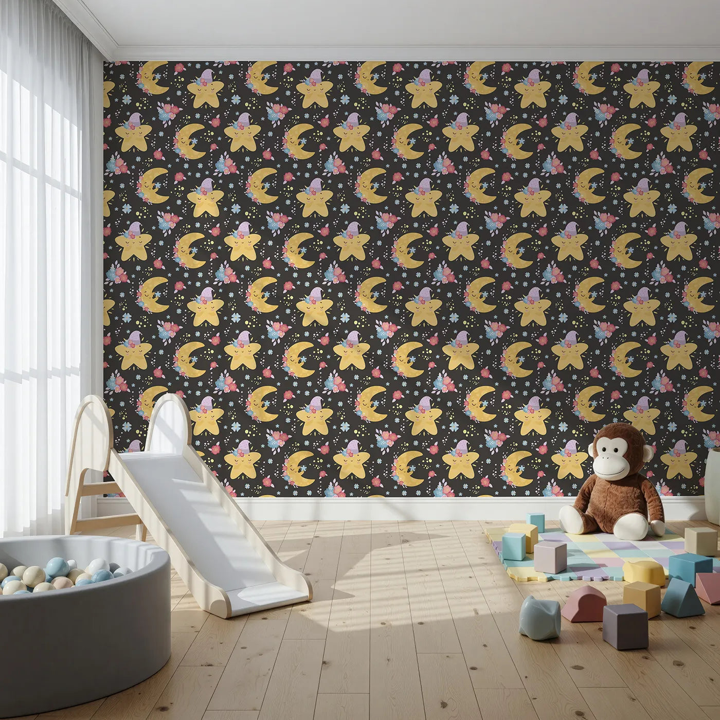 Front view of Whimsy Tots' Starry Cuddle Sky Wallpaper in Starry Night Black
