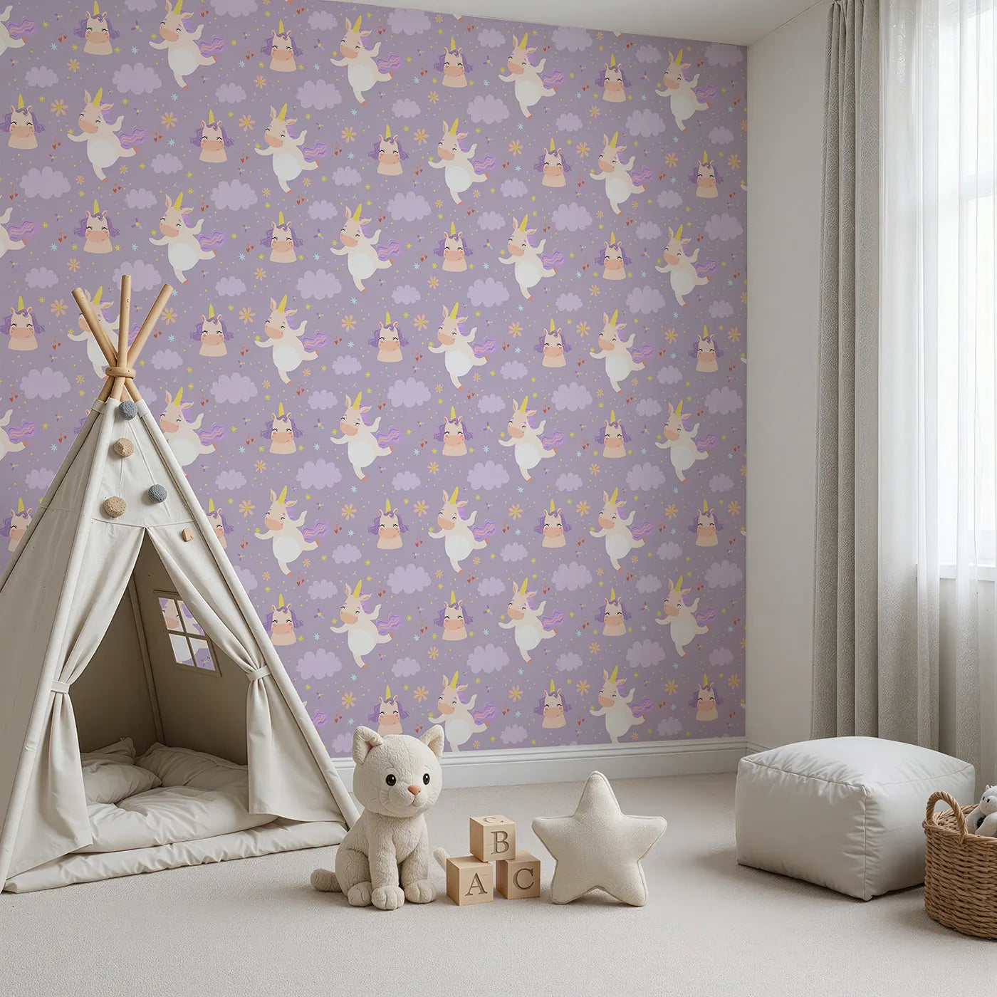 Angled view of Whimsy Tots' Unicorn Giggle Garden Wallpaper in Lavender (W3205A).Bouncing unicorns, purple clouds, and happy hearts bring magical giggles.