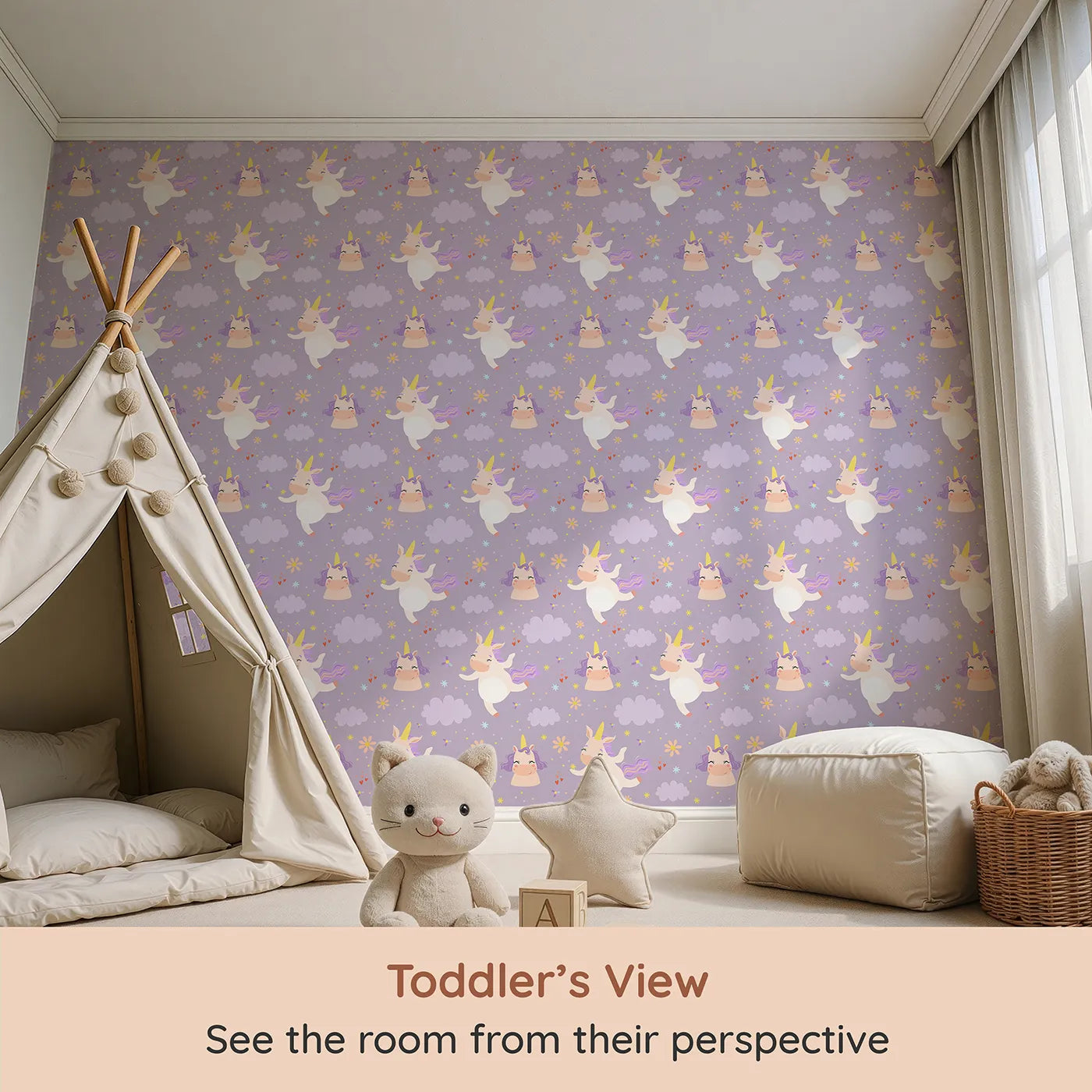 Whimsy Tots Unicorn Giggle Garden Wallpaper in Lavender (W3205A) from your child's view.Bouncing unicorns, purple clouds, and happy hearts bring magical giggles.