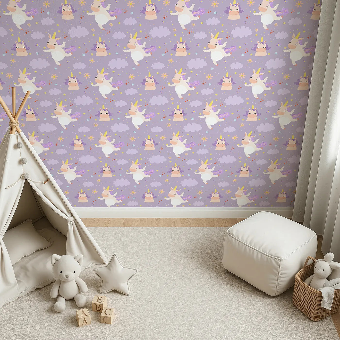 Top-Down view of Whimsy Tots' Unicorn Giggle Garden Wallpaper in Lavender (W3205A).Bouncing unicorns, purple clouds, and happy hearts bring magical giggles.