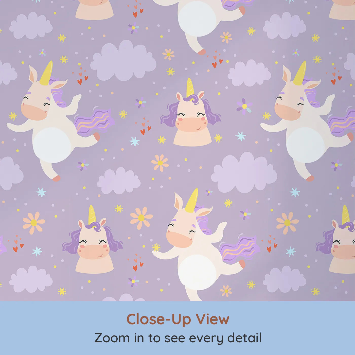 Close-up view of Whimsy Tots' Unicorn Giggle Garden Wallpaper in Lavender (W3205A).Bouncing unicorns, purple clouds, and happy hearts bring magical giggles.