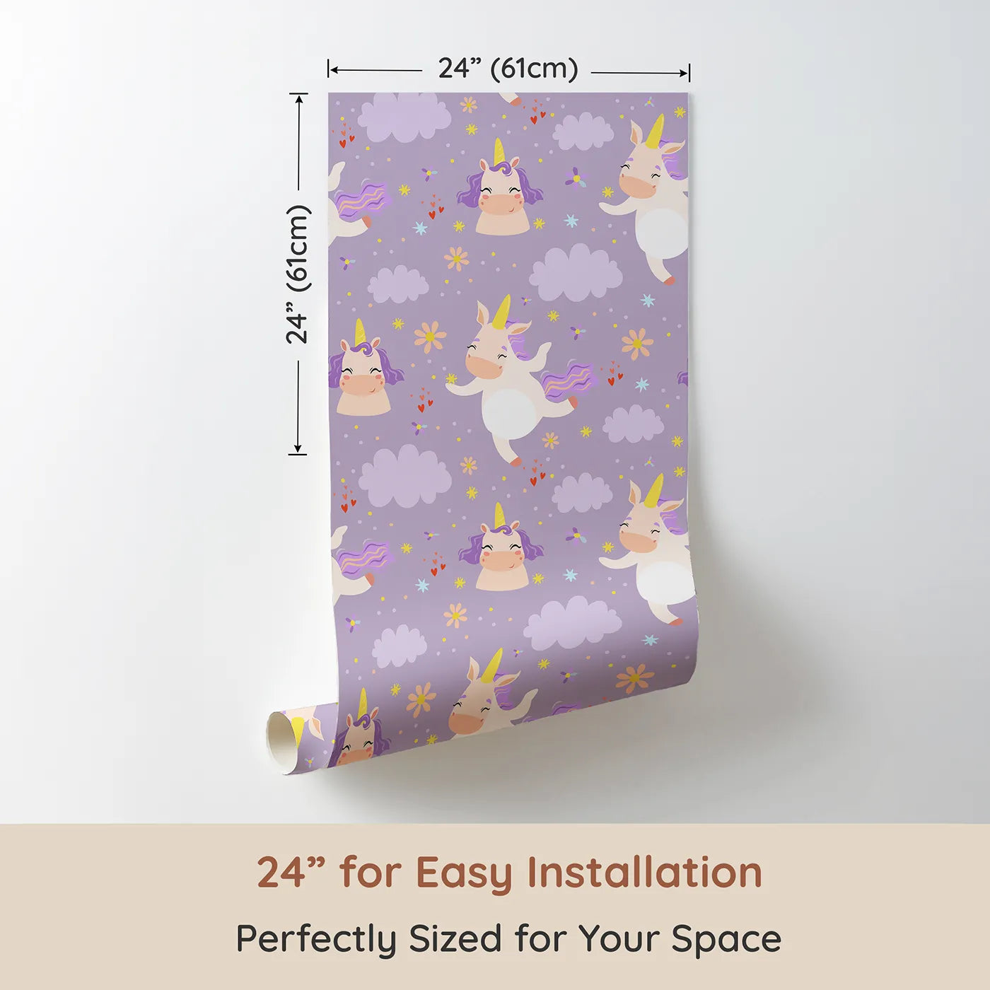 Dimension view of Whimsy Tots Unicorn Giggle Garden Wallpaper in Lavender (W3205A). Printed in 24-inch-wide panel for easy installation. Bouncing unicorns, purple clouds, and happy hearts bring magical giggles.