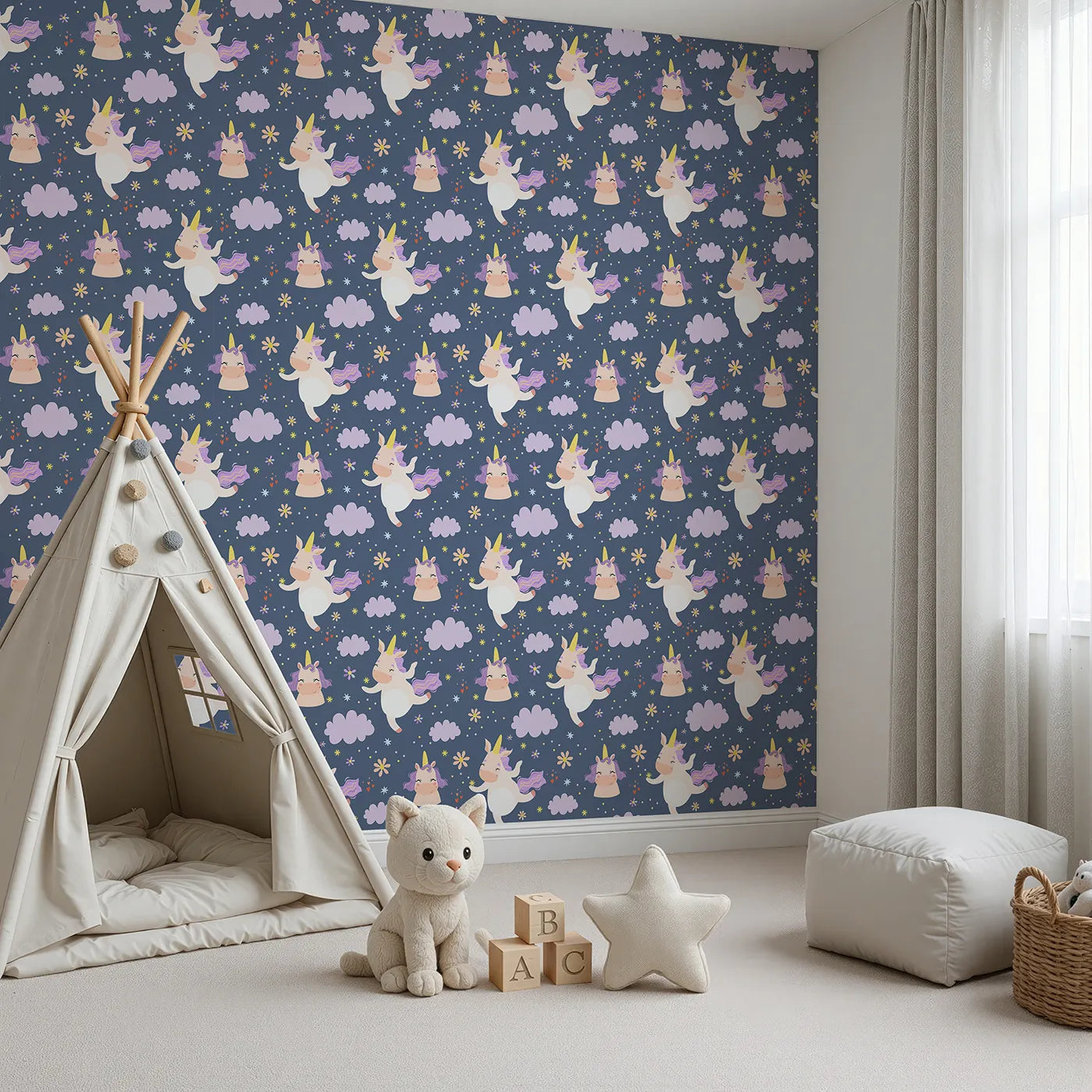 Angled view of Whimsy Tots' Unicorn Giggle Garden Wallpaper in Twilight Blue (W3205B).Prancing unicorns and pastel blooms dance through twilight skies.