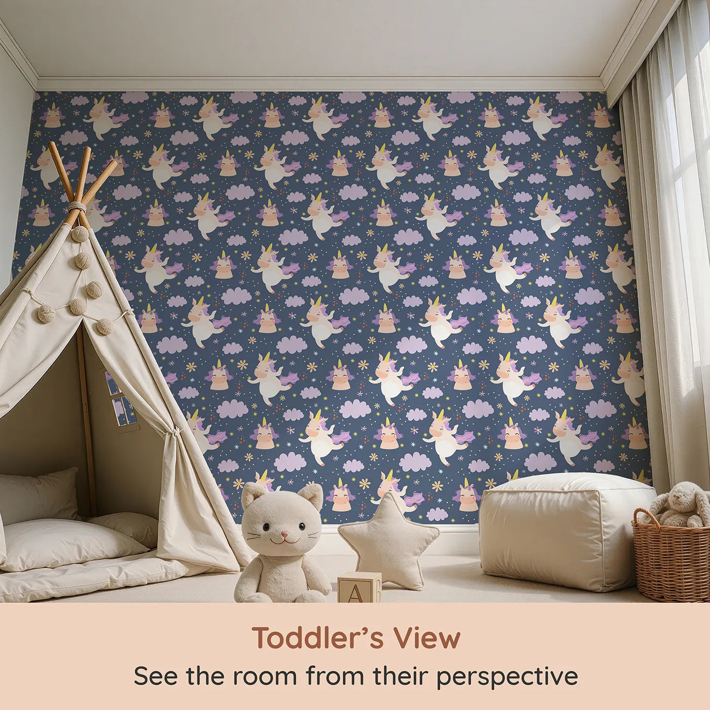 Whimsy Tots Unicorn Giggle Garden Wallpaper in Twilight Blue (W3205B) from your child's view.Prancing unicorns and pastel blooms dance through twilight skies.