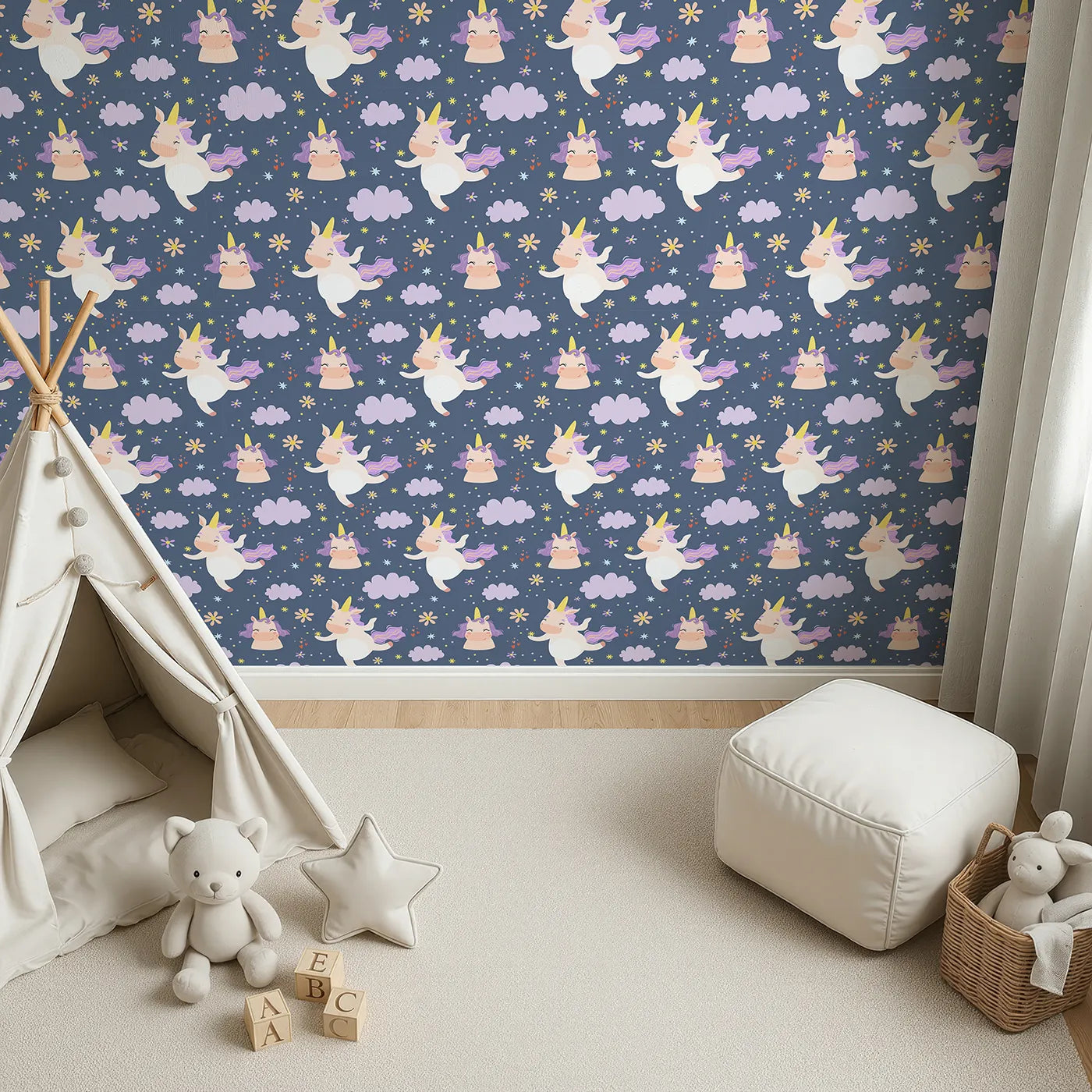 Top-Down view of Whimsy Tots' Unicorn Giggle Garden Wallpaper in Twilight Blue (W3205B).Prancing unicorns and pastel blooms dance through twilight skies.