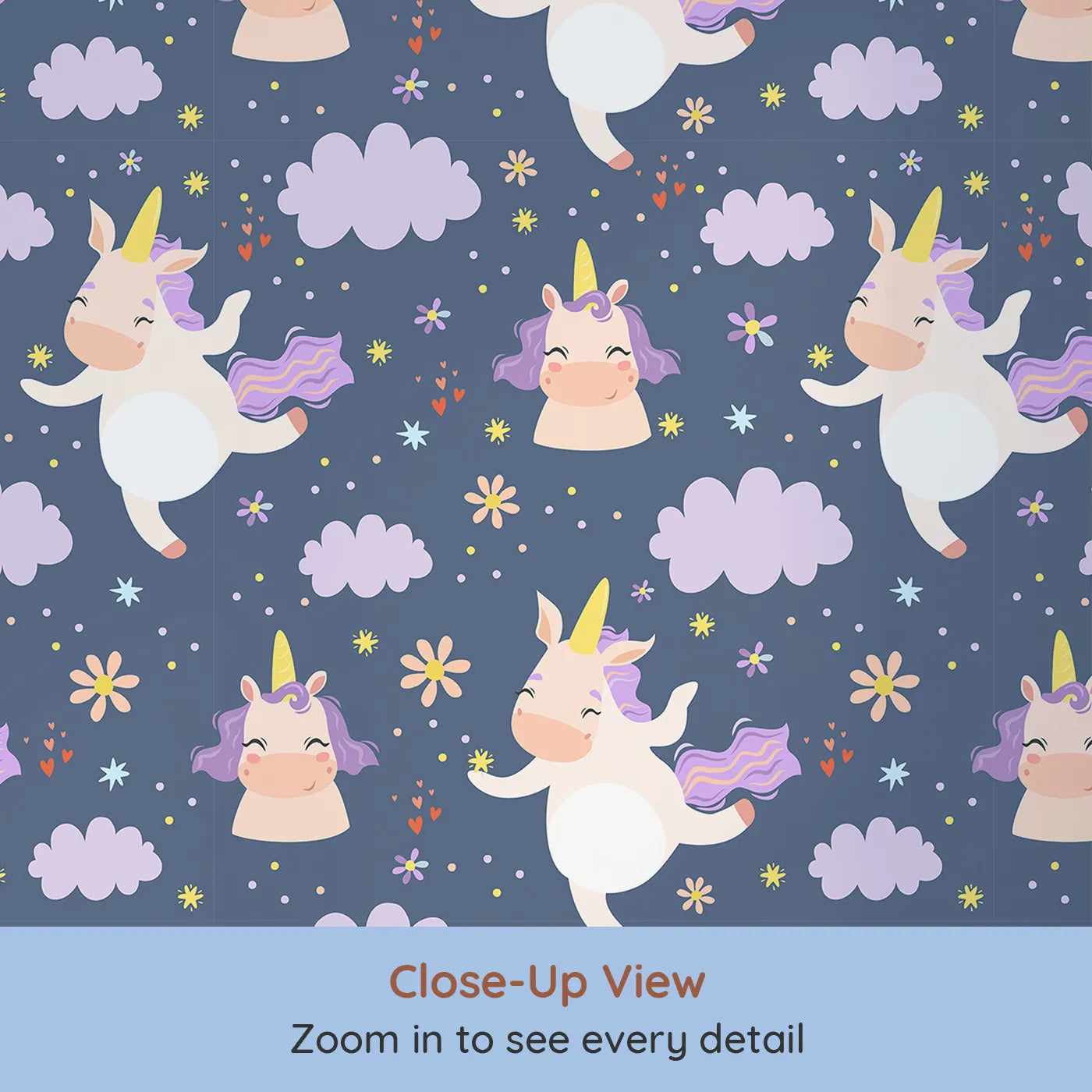Close-up view of Whimsy Tots' Unicorn Giggle Garden Wallpaper in Twilight Blue (W3205B).Prancing unicorns and pastel blooms dance through twilight skies.
