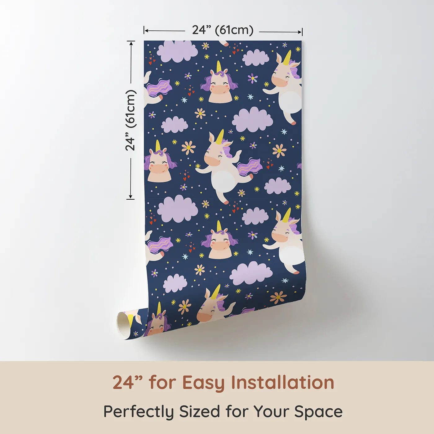 Dimension view of Whimsy Tots Unicorn Giggle Garden Wallpaper in Twilight Blue (W3205B). Printed in 24-inch-wide panel for easy installation. Prancing unicorns and pastel blooms dance through twilight skies.