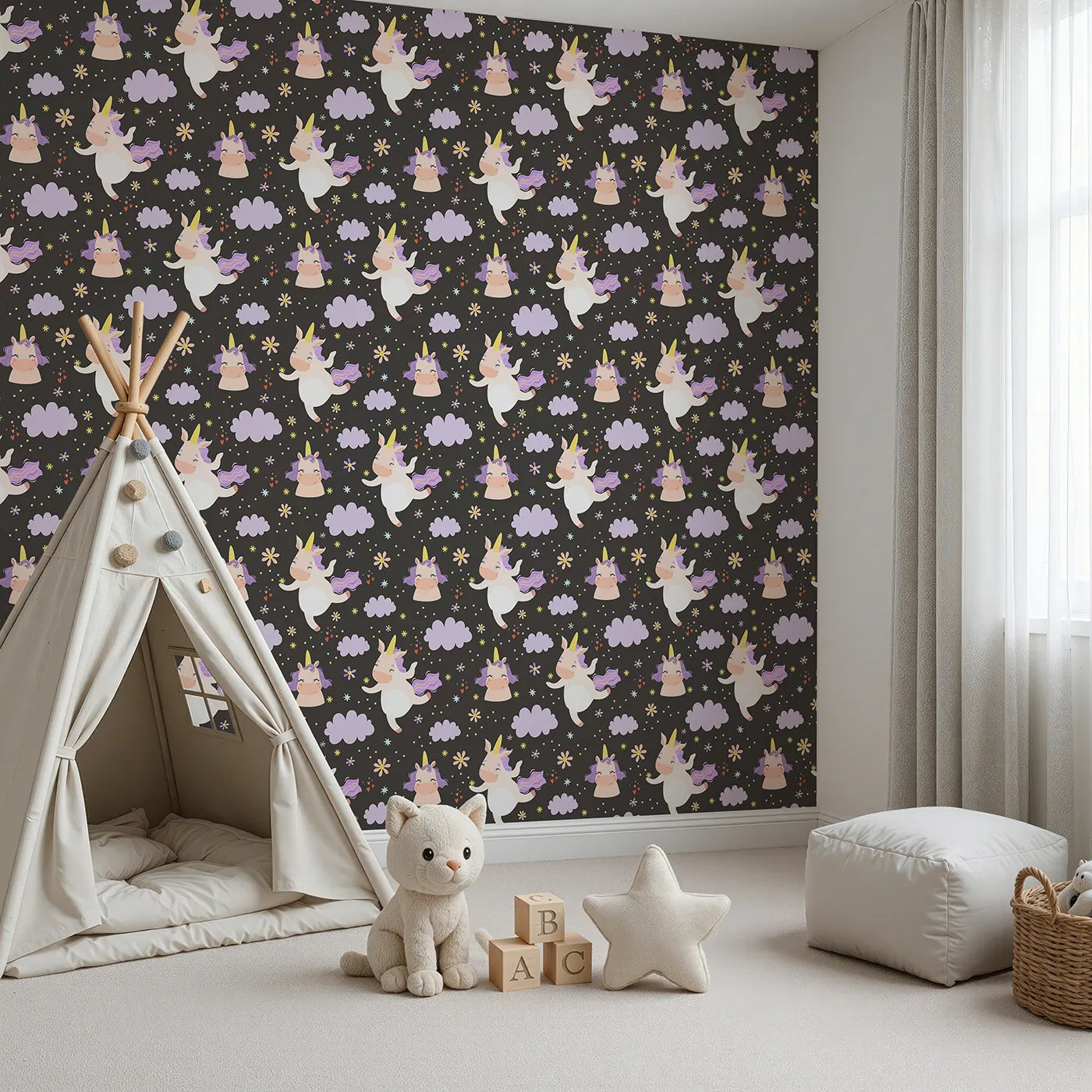 Angled view of Whimsy Tots' Unicorn Giggle Garden Wallpaper in Starry Night Black (W3205C).Happy unicorns dance under lilac clouds and starry skies.