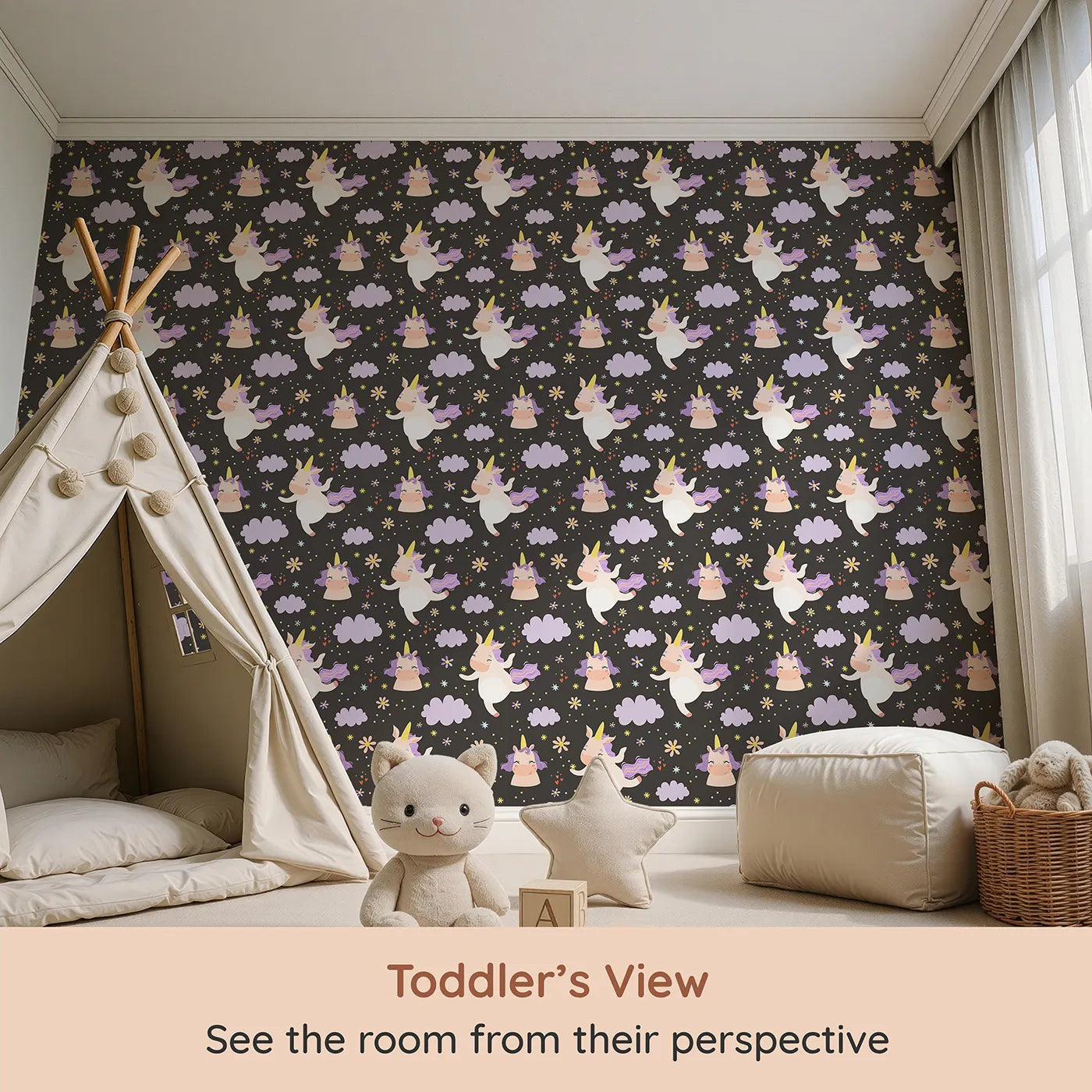 Whimsy Tots Unicorn Giggle Garden Wallpaper in Starry Night Black (W3205C) from your child's view.Happy unicorns dance under lilac clouds and starry skies.
