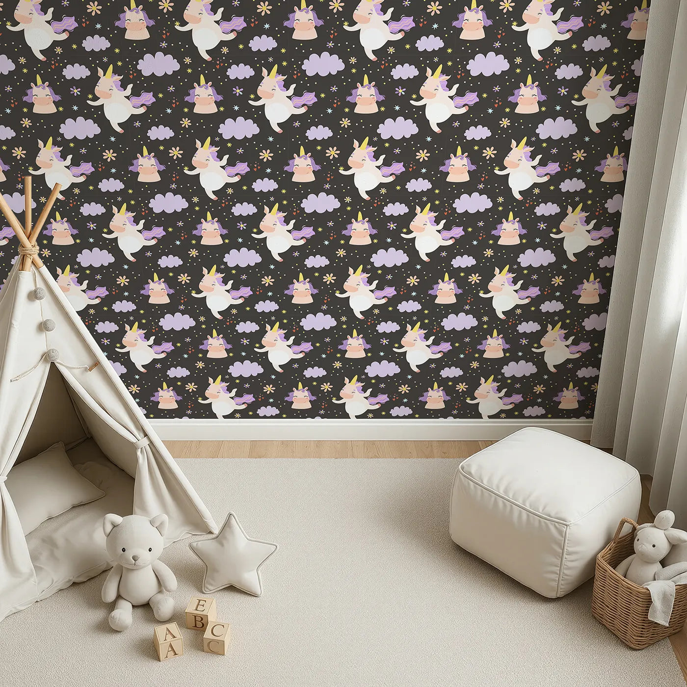 Top-Down view of Whimsy Tots' Unicorn Giggle Garden Wallpaper in Starry Night Black (W3205C).Happy unicorns dance under lilac clouds and starry skies.