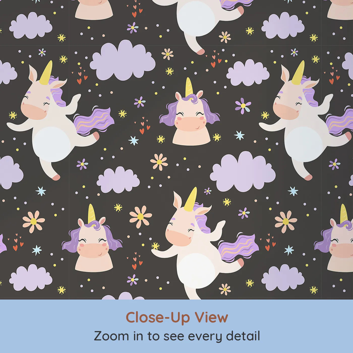 Close-up view of Whimsy Tots' Unicorn Giggle Garden Wallpaper in Starry Night Black (W3205C).Happy unicorns dance under lilac clouds and starry skies.