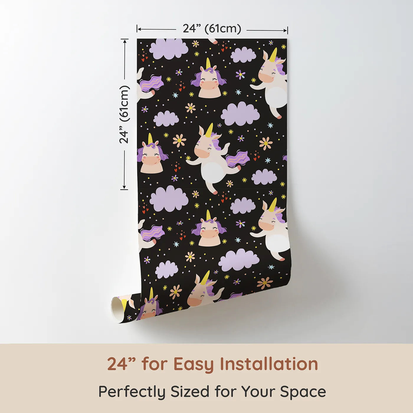 Dimension view of Whimsy Tots Unicorn Giggle Garden Wallpaper in Starry Night Black (W3205C). Printed in 24-inch-wide panel for easy installation. Happy unicorns dance under lilac clouds and starry skies.