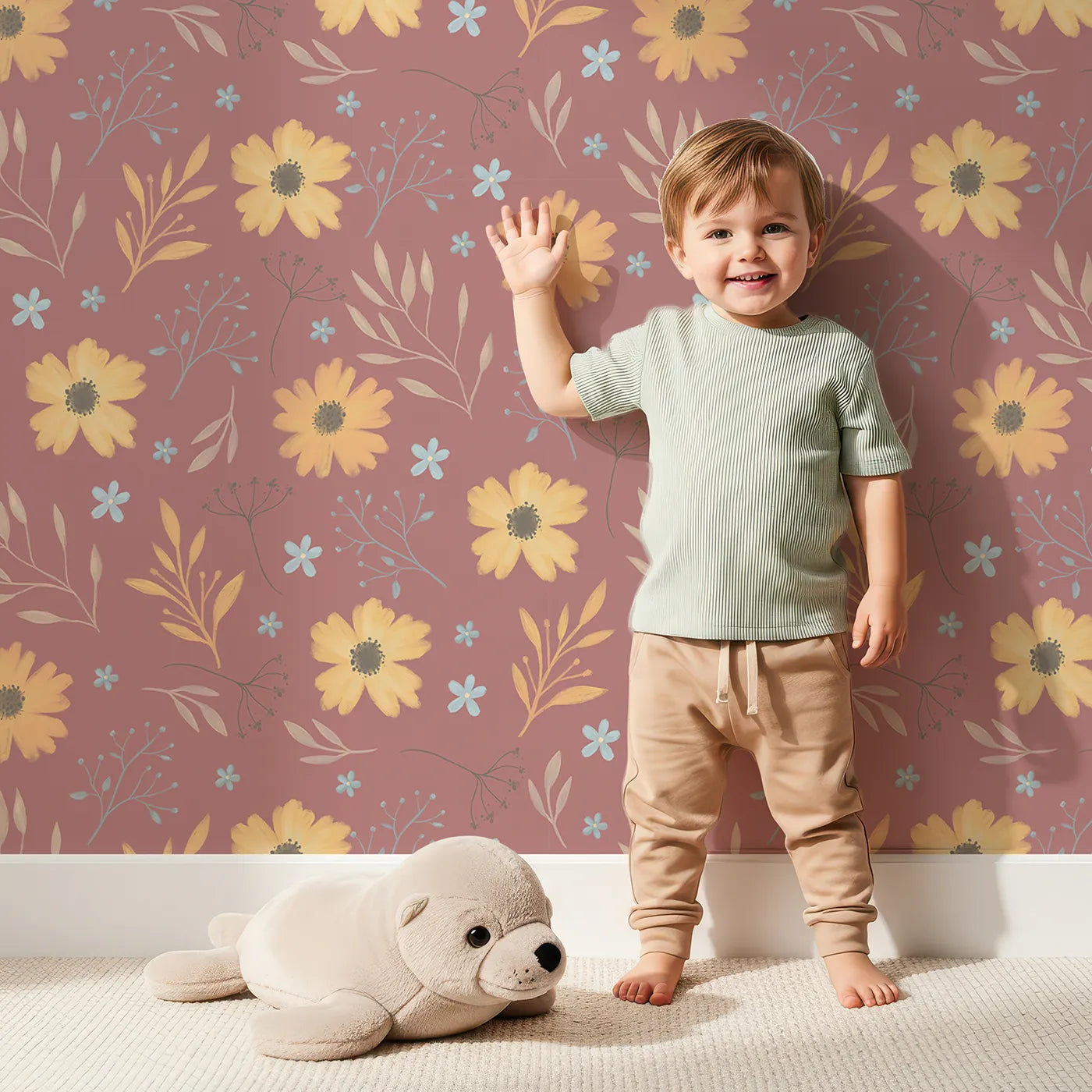 Lovely child standing in front of Whimsy Tots Twilight Daisy Meadow Wallpaper with daisy, leaf, sprig, flower, dot in design.