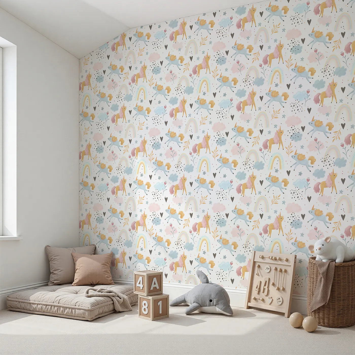 Angled view of Whimsy Tots' Rainbow Unicorn Meadow Wallpaper in White (W3207).Bouncing unicorns and soft clouds drift across pastel skies.