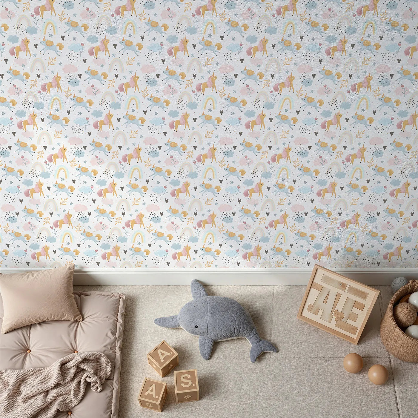 Top-Down view of Whimsy Tots' Rainbow Unicorn Meadow Wallpaper in White (W3207).Bouncing unicorns and soft clouds drift across pastel skies.
