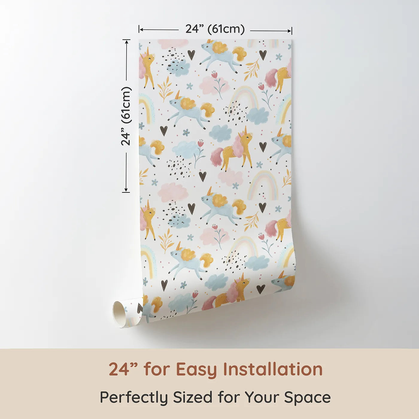 Dimension view of Whimsy Tots Rainbow Unicorn Meadow Wallpaper in White (W3207). Printed in 24-inch-wide panel for easy installation. Bouncing unicorns and soft clouds drift across pastel skies.