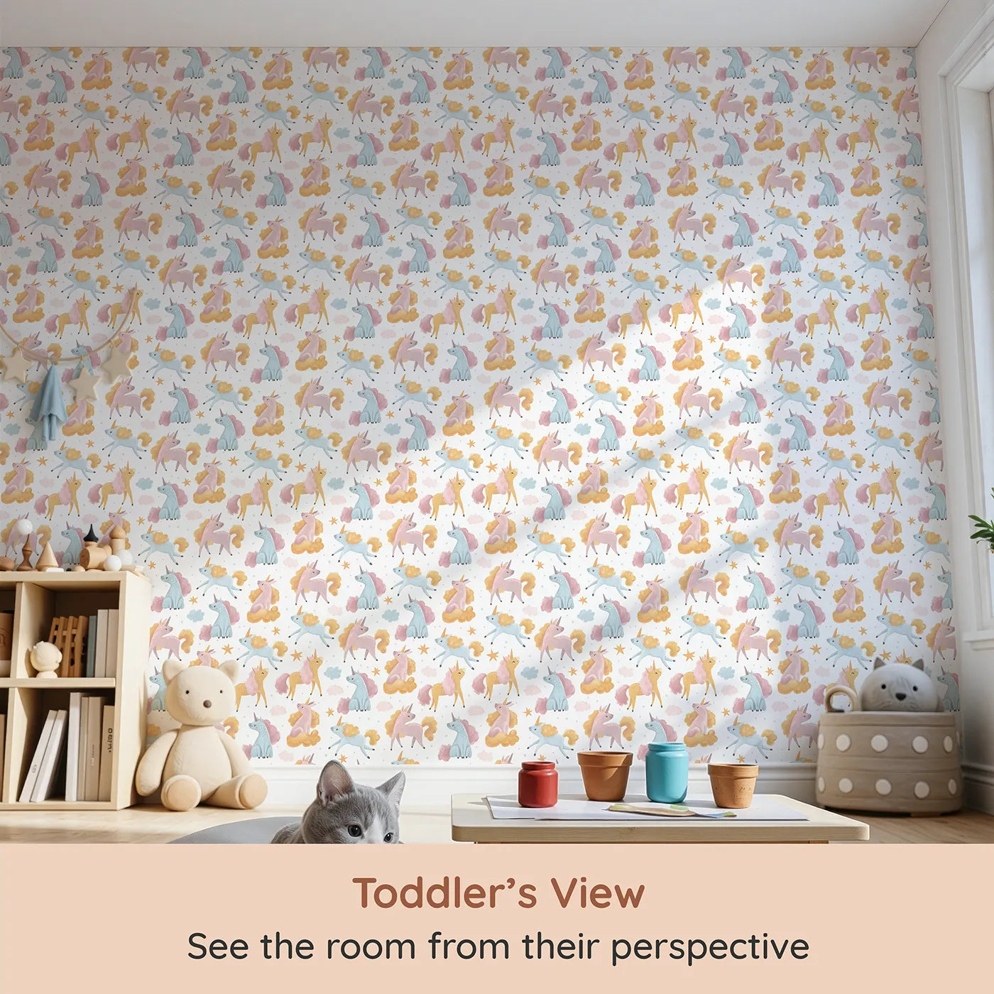 Whimsy Tots Starlight Unicorn Whispers Wallpaper in White (W3208) from your child's view.Gentle unicorns sit, stretch, and shine across a cloudy dreamscape.
