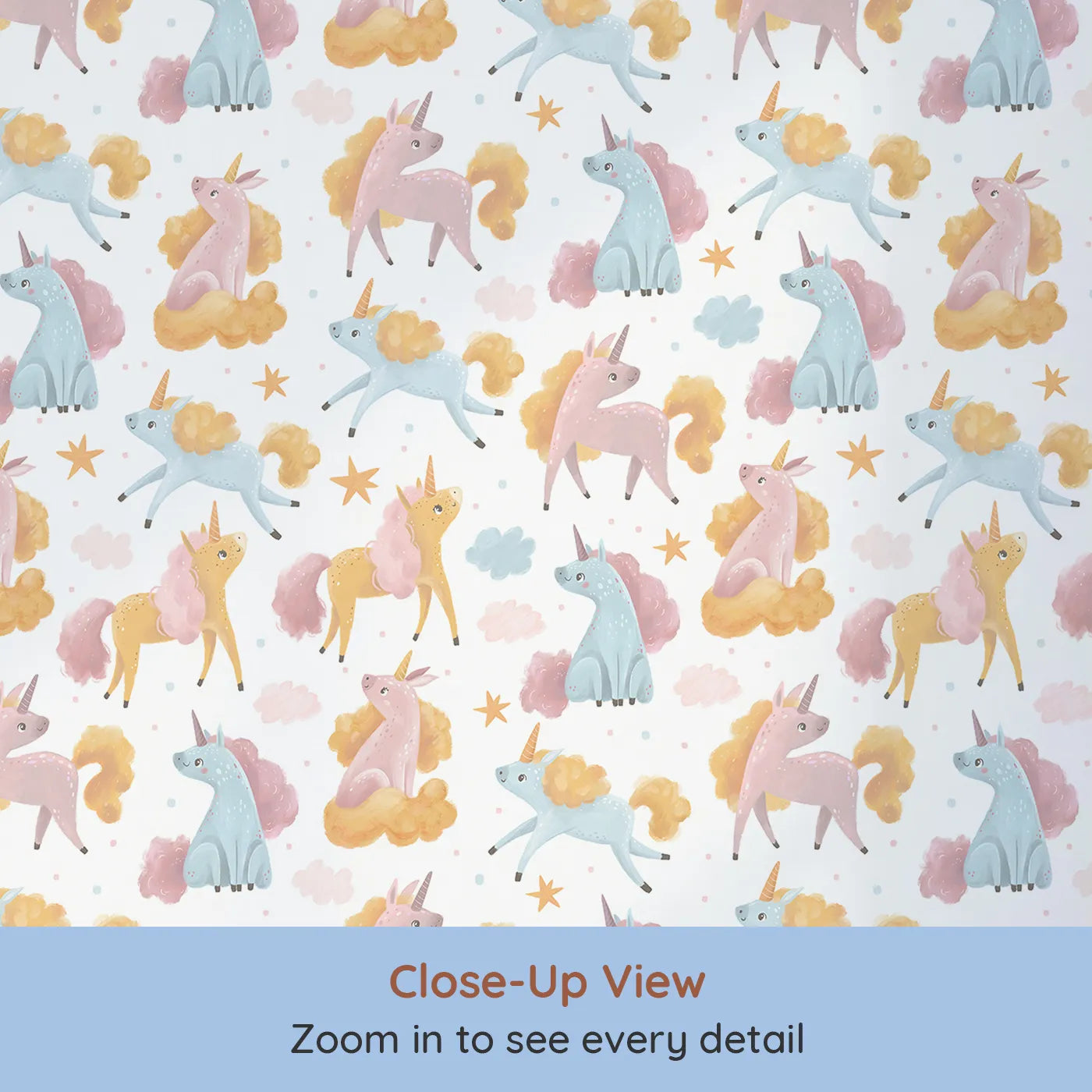 Close-up view of Whimsy Tots' Starlight Unicorn Whispers Wallpaper in White (W3208).Gentle unicorns sit, stretch, and shine across a cloudy dreamscape.