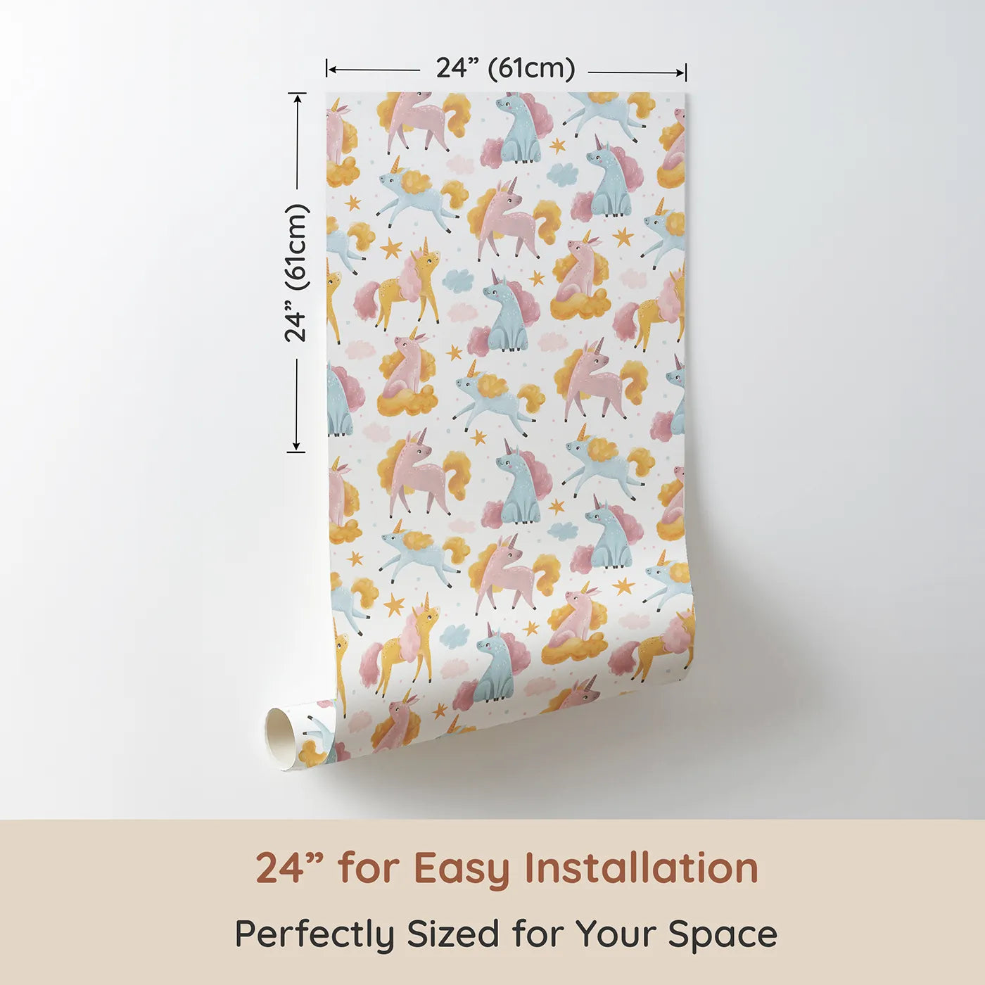 Dimension view of Whimsy Tots Starlight Unicorn Whispers Wallpaper in White (W3208). Printed in 24-inch-wide panel for easy installation. Gentle unicorns sit, stretch, and shine across a cloudy dreamscape.