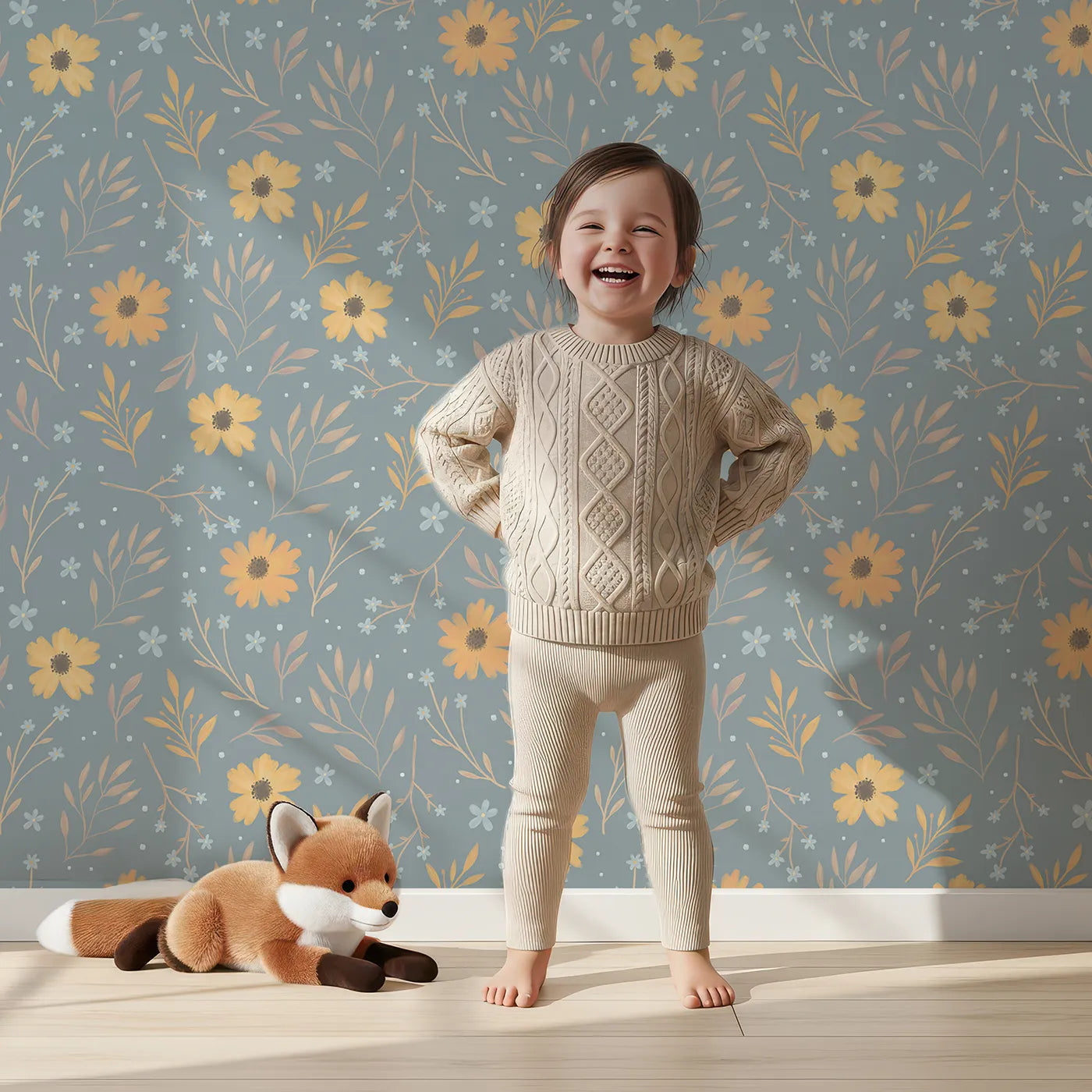 Lovely child standing in front of Whimsy Tots Morning Mist Daisy Meadow Wallpaper with daisy, leaf, sprig, flower, dot in design.