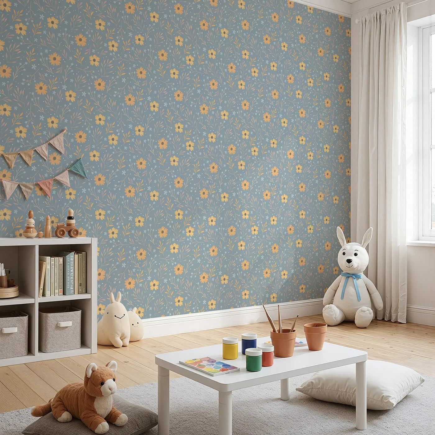 Angled view of Whimsy Tots' Morning Mist Daisy Meadow Wallpaper (W3209).Sunlit daisies dance over cool misty blue.