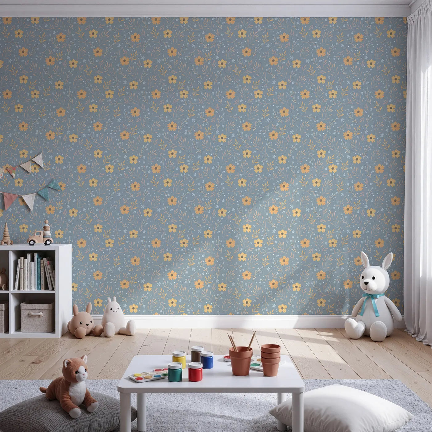 Front view of Whimsy Tots' Morning Mist Daisy Meadow Wallpaper