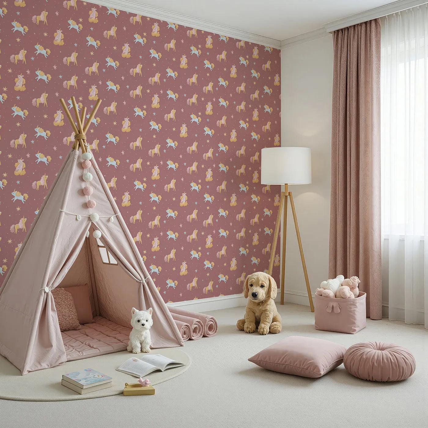 Angled view of Whimsy Tots' Twilight Unicorn Whispers Wallpaper in Terracotta Rose (W3210).Unicorns float, sit, and trot under soft starlight on a cozy rose sky.