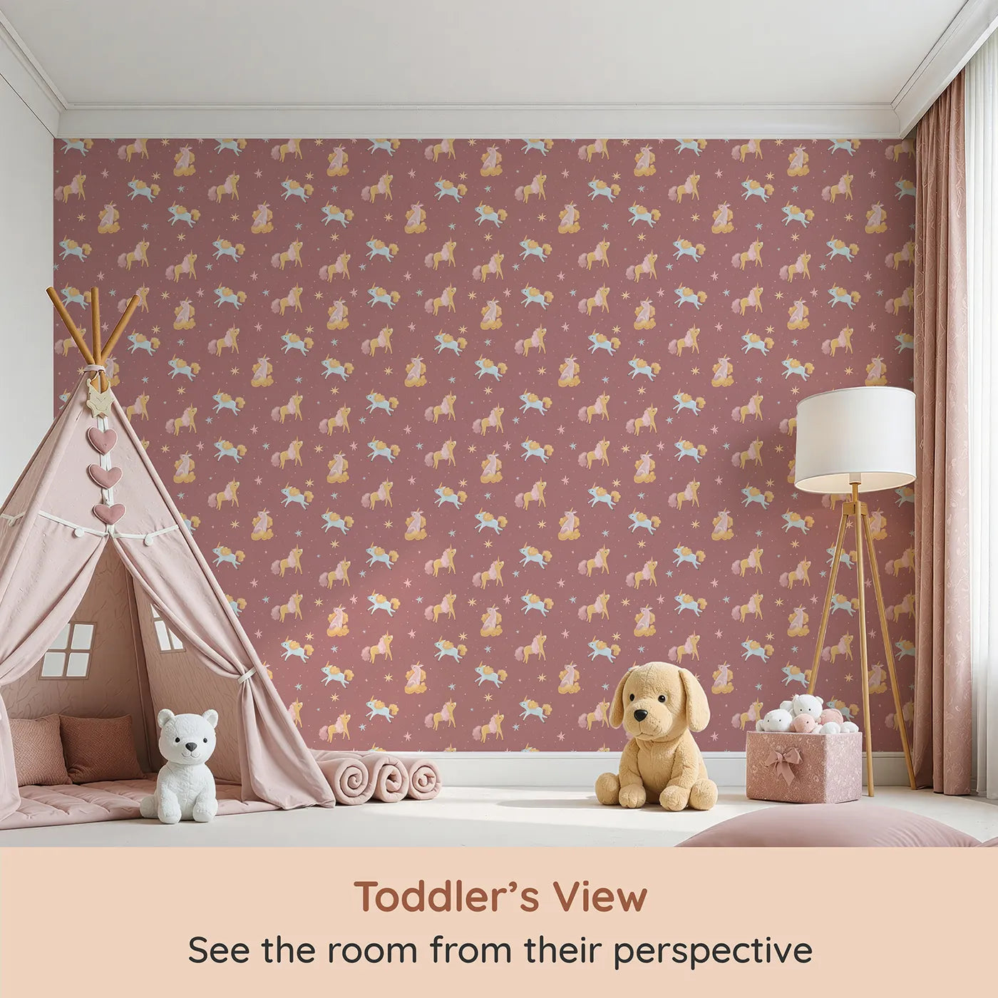 Whimsy Tots Twilight Unicorn Whispers Wallpaper in Terracotta Rose (W3210) from your child's view.Unicorns float, sit, and trot under soft starlight on a cozy rose sky.