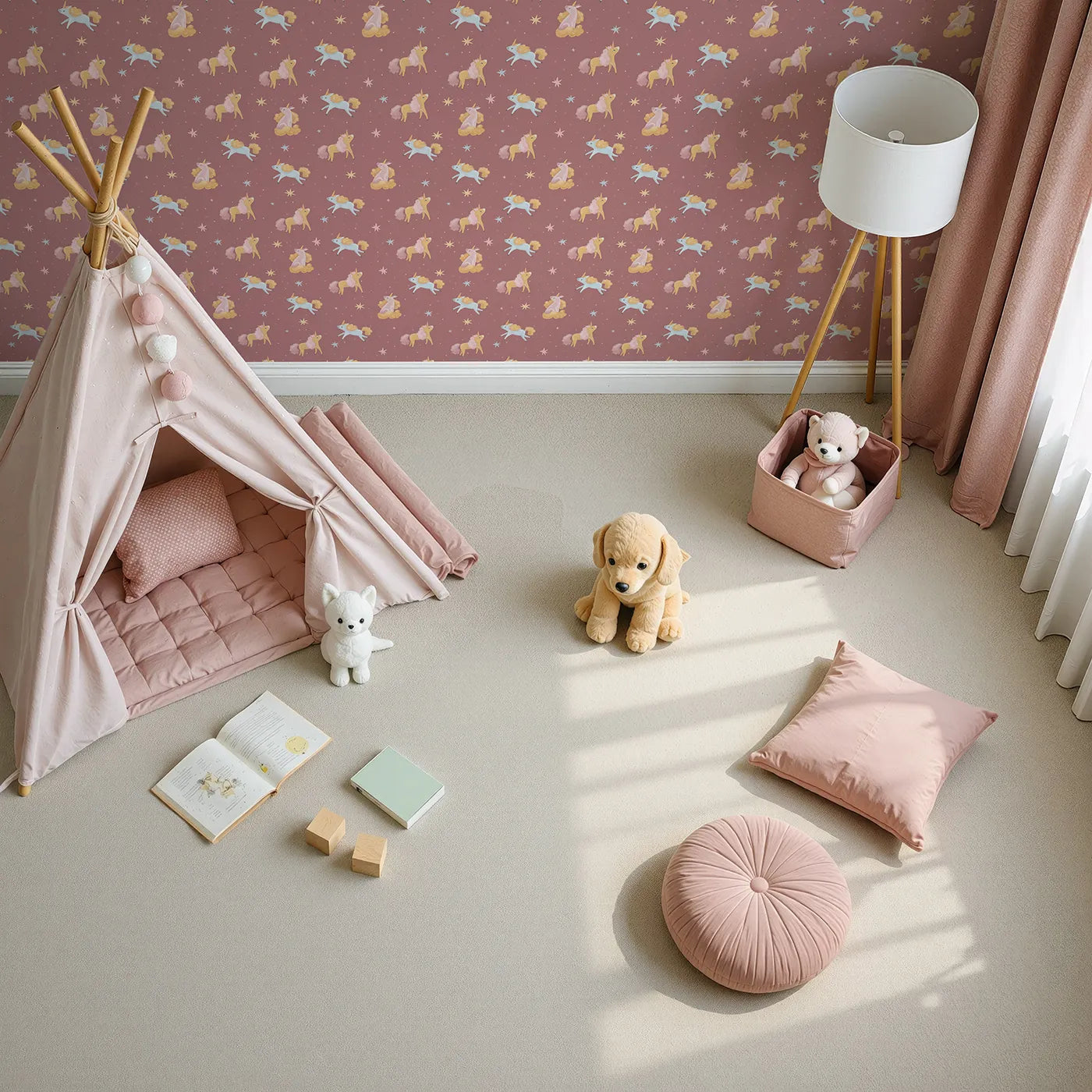 Top-Down view of Whimsy Tots' Twilight Unicorn Whispers Wallpaper in Terracotta Rose (W3210).Unicorns float, sit, and trot under soft starlight on a cozy rose sky.