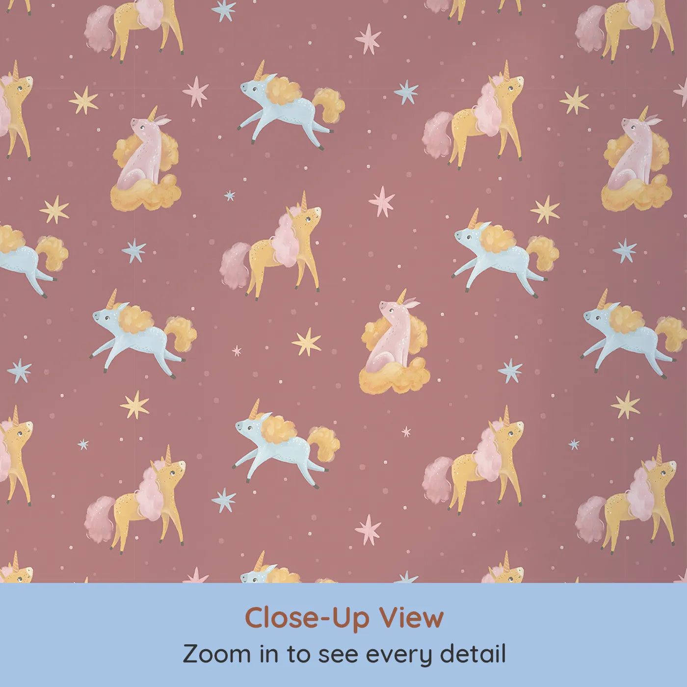 Close-up view of Whimsy Tots' Twilight Unicorn Whispers Wallpaper in Terracotta Rose (W3210).Unicorns float, sit, and trot under soft starlight on a cozy rose sky.