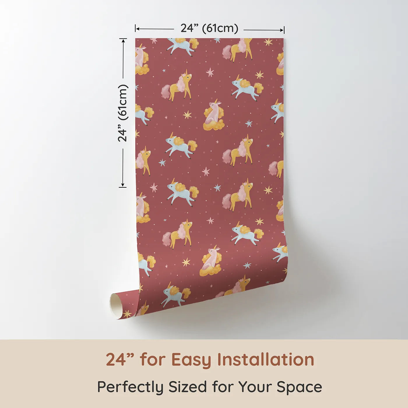 Dimension view of Whimsy Tots Twilight Unicorn Whispers Wallpaper in Terracotta Rose (W3210). Printed in 24-inch-wide panel for easy installation. Unicorns float, sit, and trot under soft starlight on a cozy rose sky.