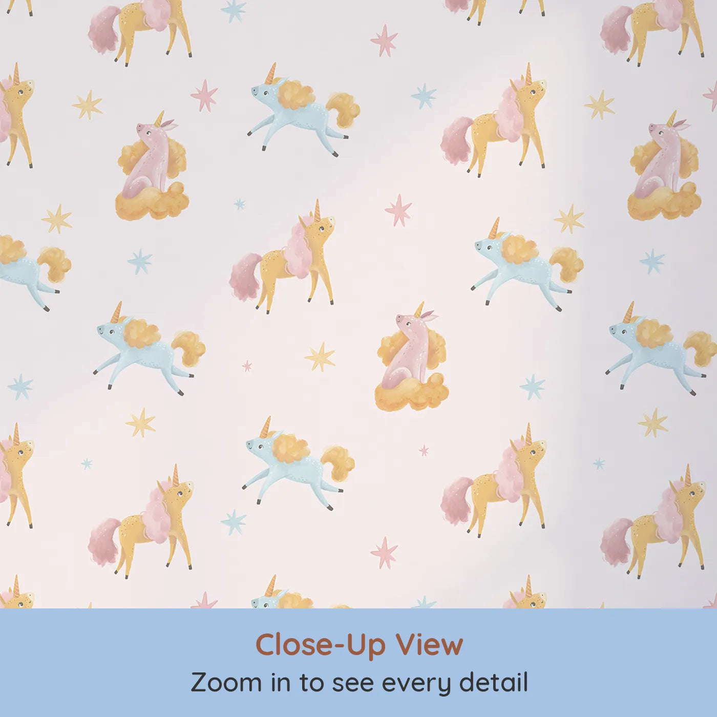 Close-up view of Whimsy Tots' Magical Mane Friends Wallpaper (W3211).Pastel unicorns bring gentle joy to every inch of the room.