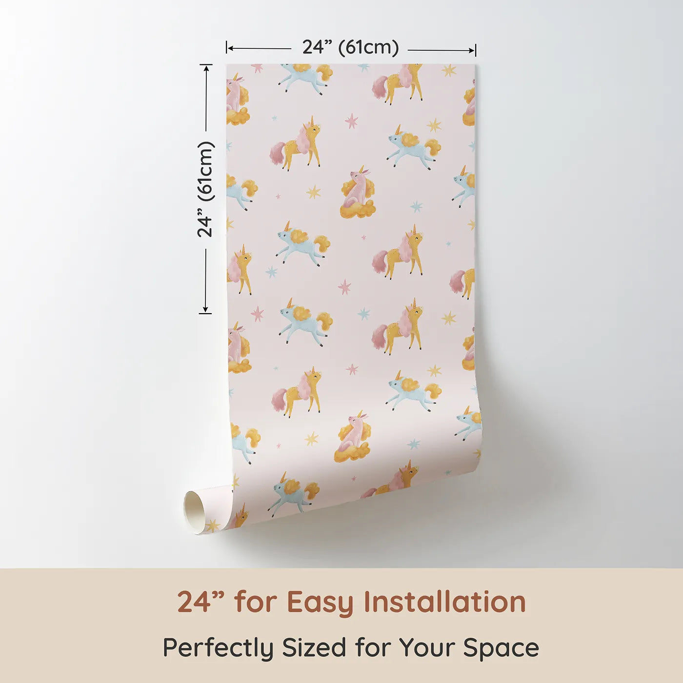 Dimension view of Whimsy Tots Magical Mane Friends Wallpaper (W3211). Printed in 24-inch-wide panel for easy installation. Pastel unicorns bring gentle joy to every inch of the room.