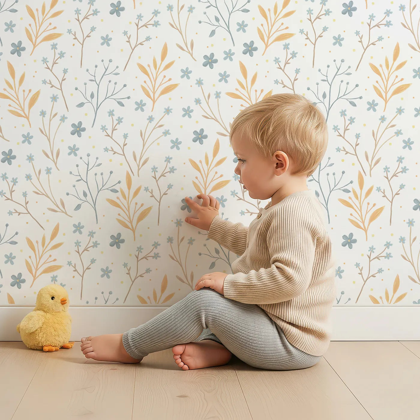Lovely child standing in front of Whimsy Tots Soft Meadow Whispers Wallpaper with flower, branch, leaf in design.