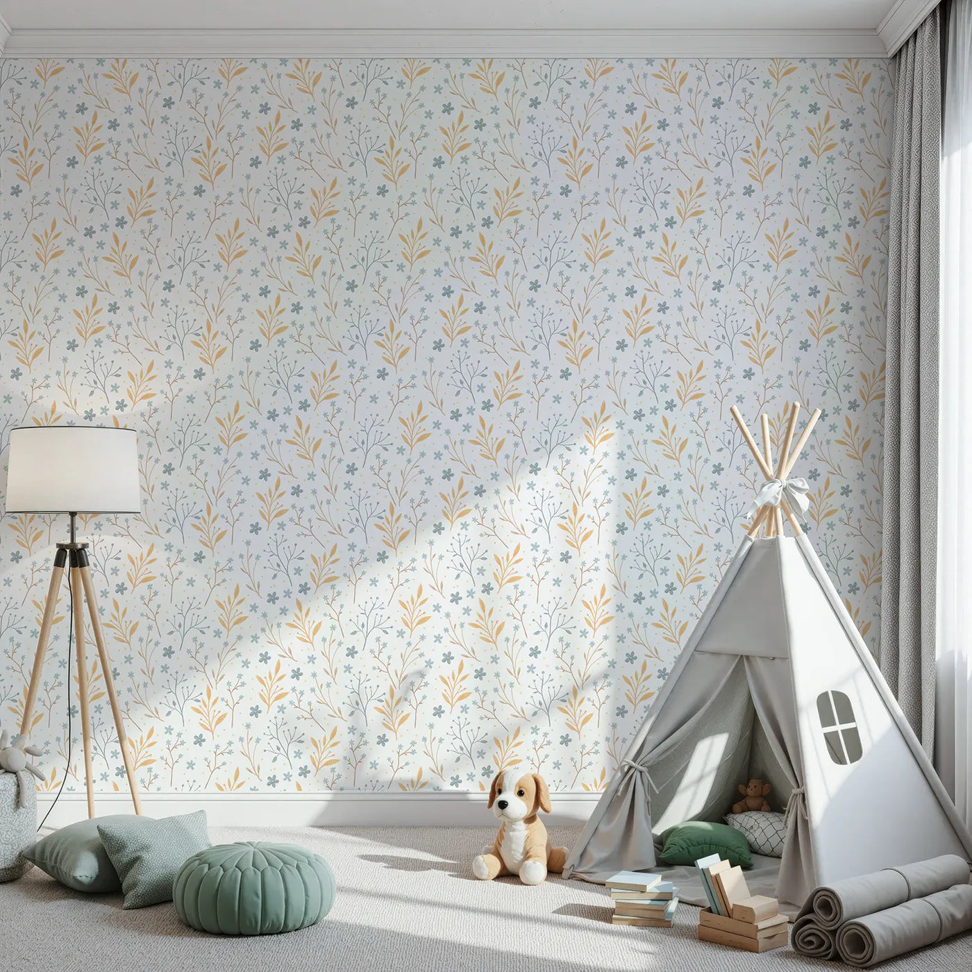 Front view of Whimsy Tots' Soft Meadow Whispers Wallpaper