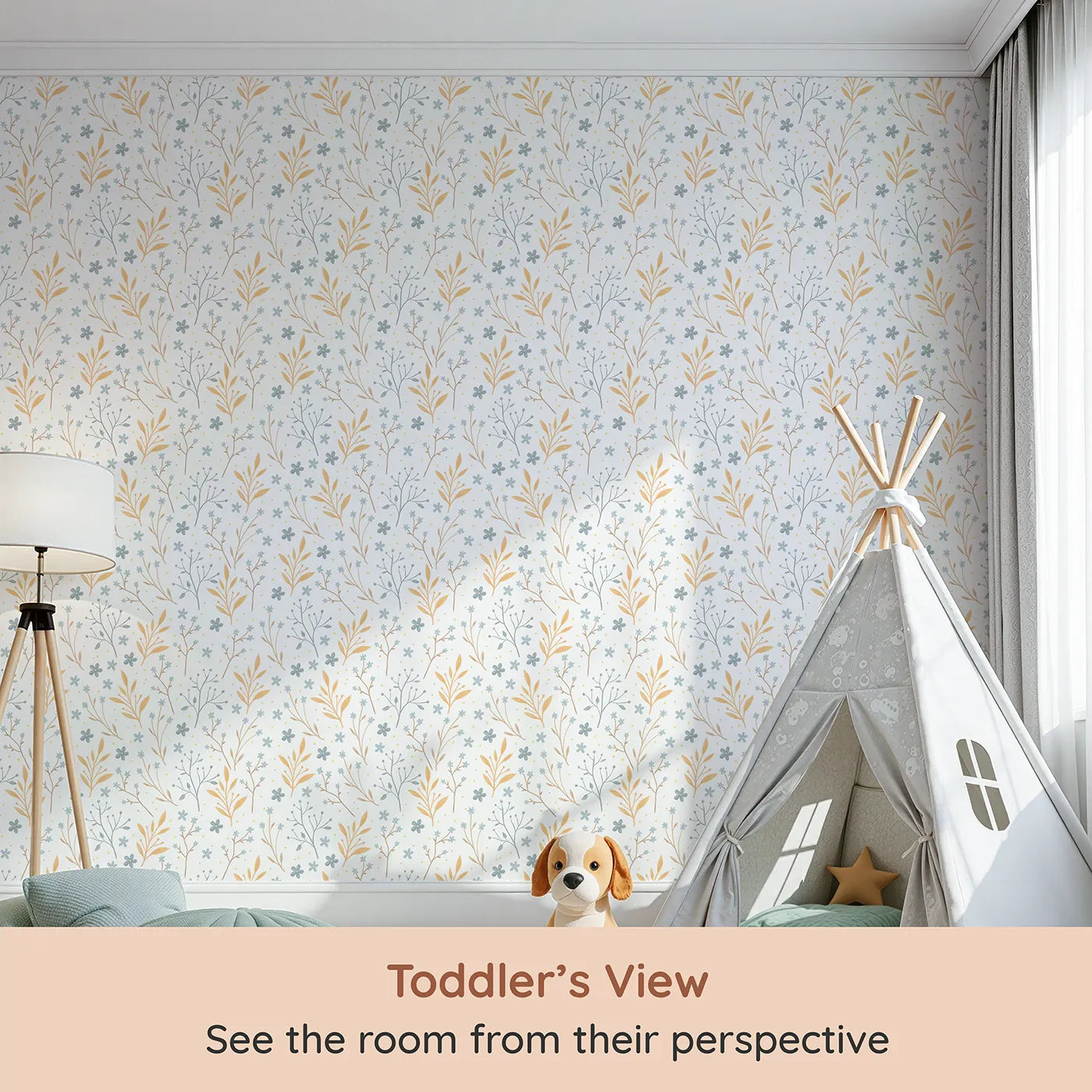 Whimsy Tots Soft Meadow Whispers Wallpaper (W3212) from your child's view.Botanical branches sway softly across a soothing, playful space.
