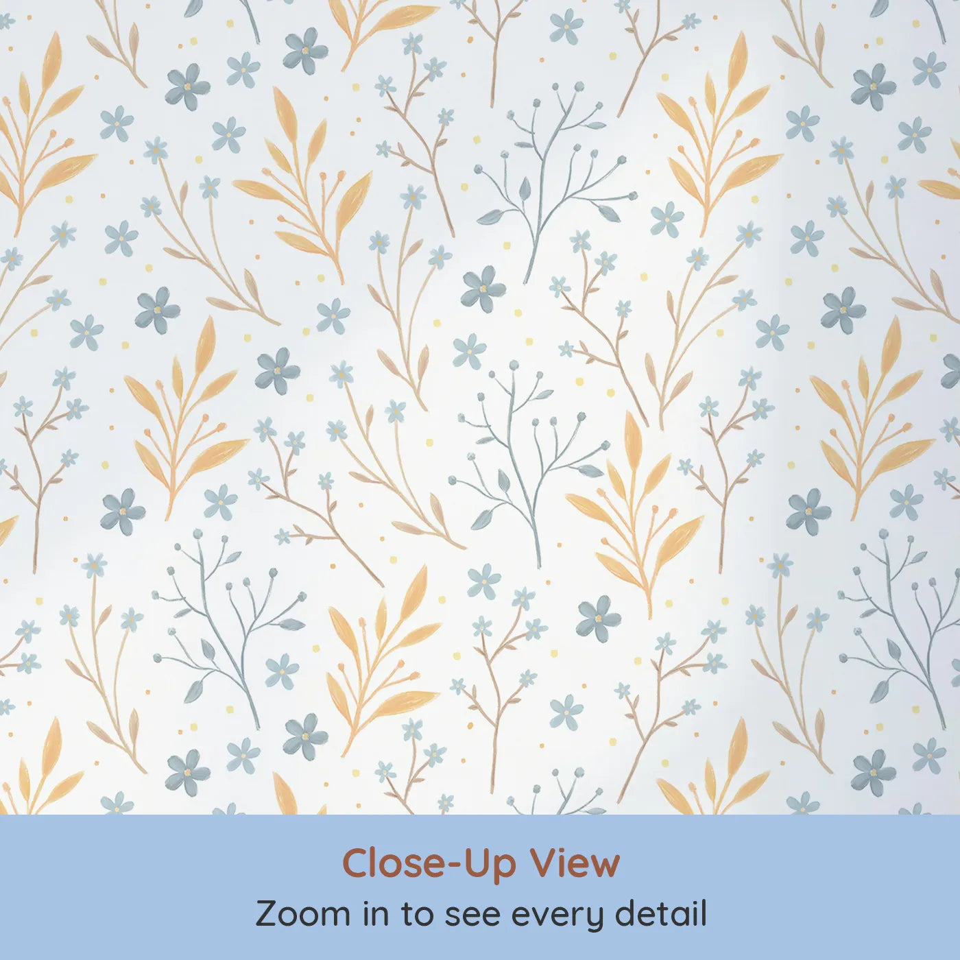 Close-up view of Whimsy Tots' Soft Meadow Whispers Wallpaper (W3212).Botanical branches sway softly across a soothing, playful space.