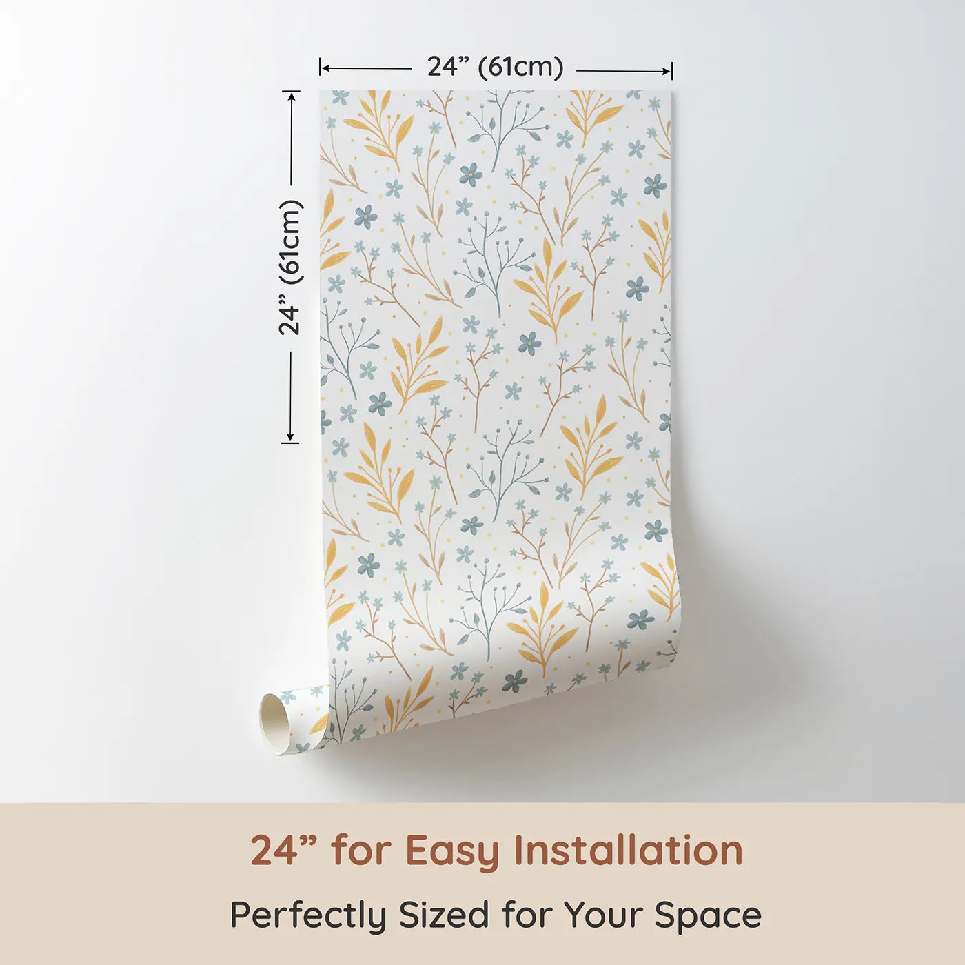 Dimension view of Whimsy Tots Soft Meadow Whispers Wallpaper (W3212). Printed in 24-inch-wide panel for easy installation. Botanical branches sway softly across a soothing, playful space.