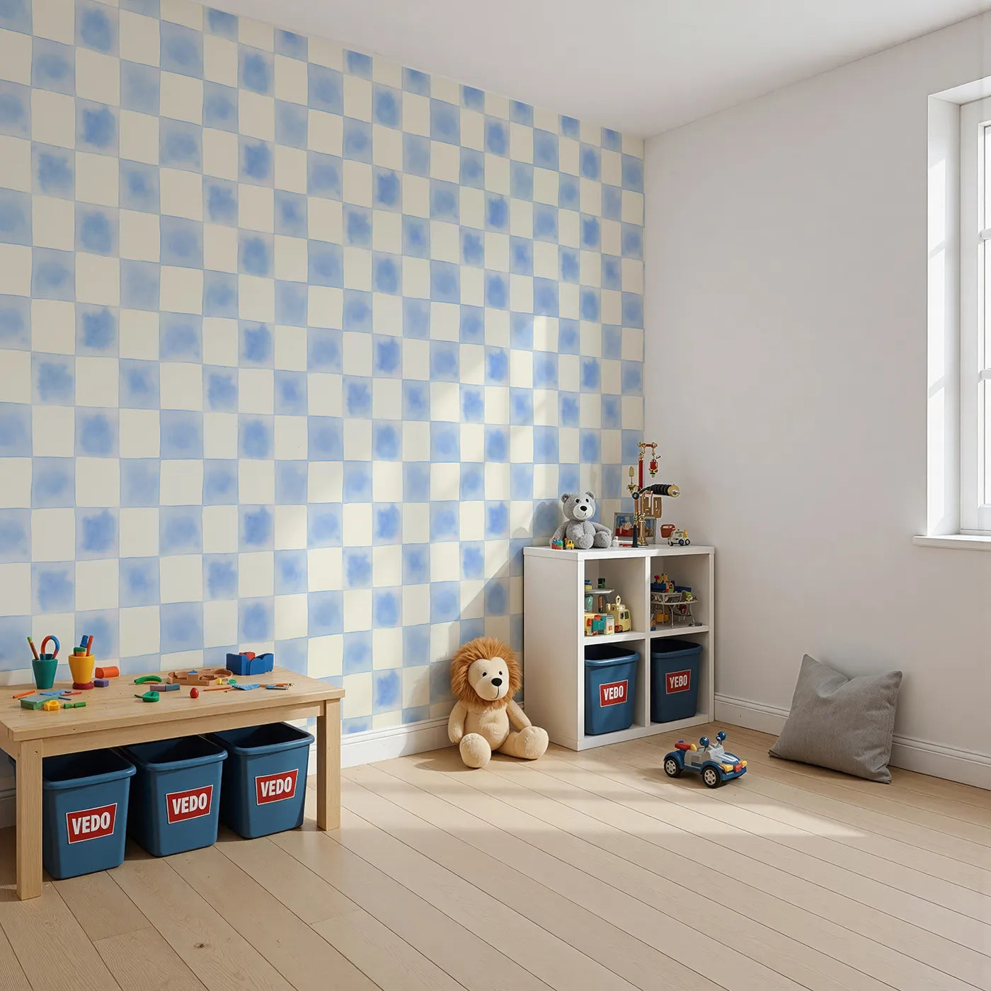 Angled view of Whimsy Tots' Gingham Watercolor Grid Wallpaper in Blueberry (W3213A).A calming watercolor checkerboard that brings charm and structure to any space.