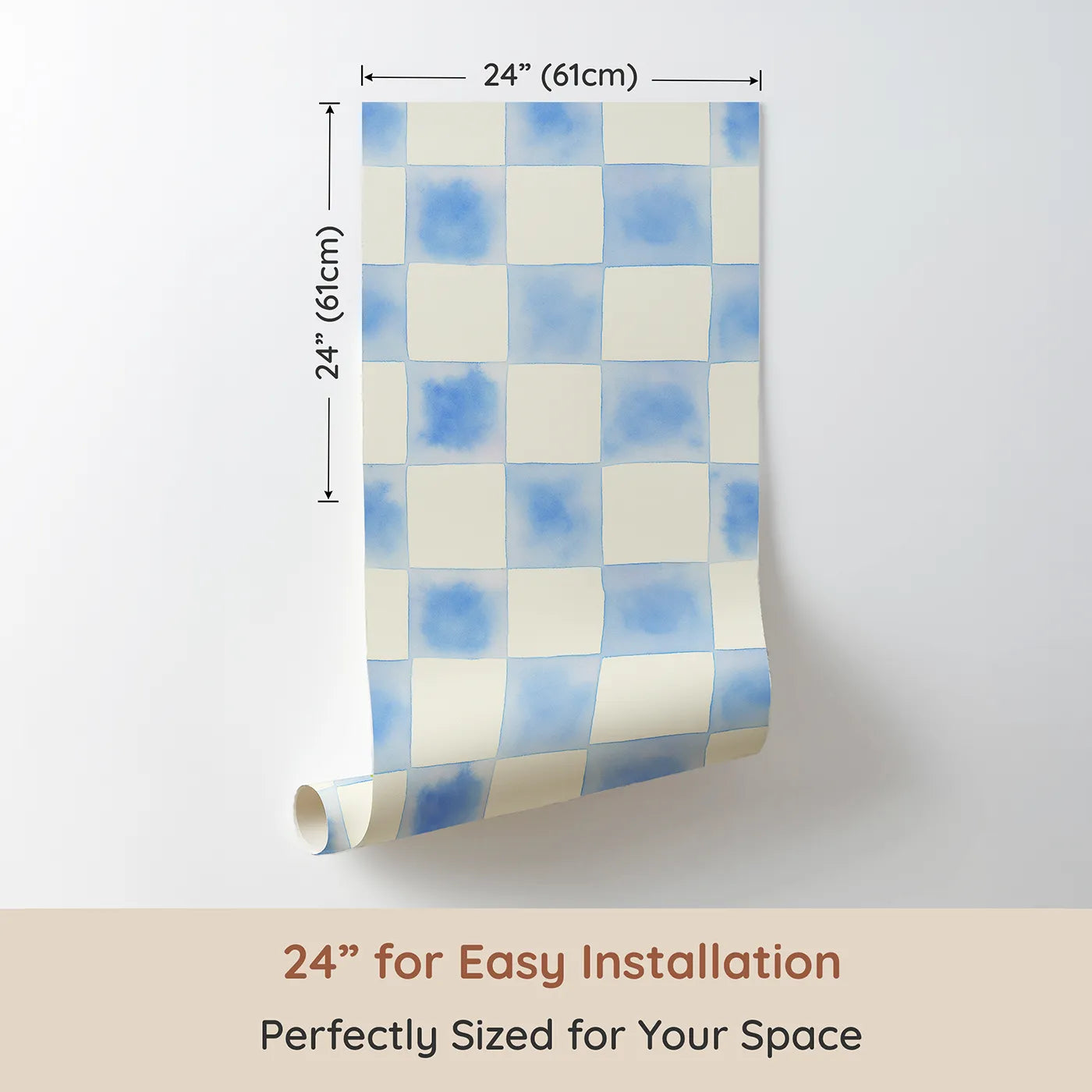 Dimension view of Whimsy Tots Gingham Watercolor Grid Wallpaper in Blueberry (W3213A). Printed in 24-inch-wide panel for easy installation. A calming watercolor checkerboard that brings charm and structure to any space.