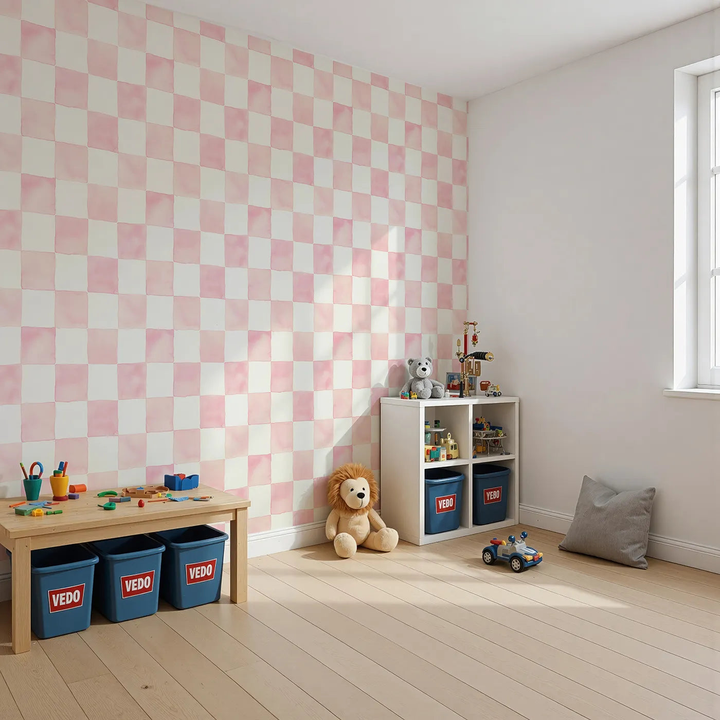 Angled view of Whimsy Tots' Gingham Watercolor Grid Wallpaper in Strawberry (W3213B).A soft pink watercolor checkerboard that soothes and brightens their day.