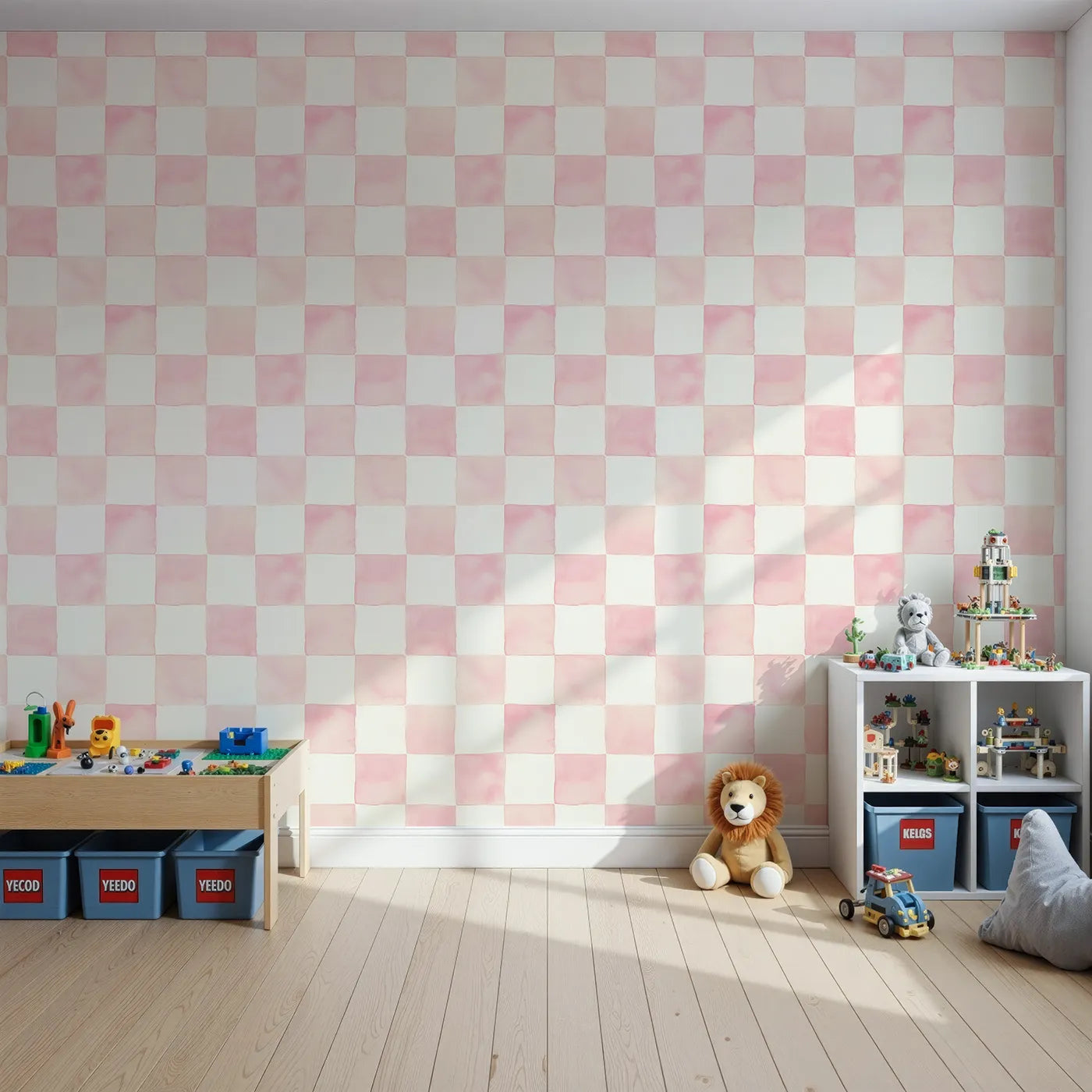 Front view of Whimsy Tots' Gingham Watercolor Grid Wallpaper in Strawberry