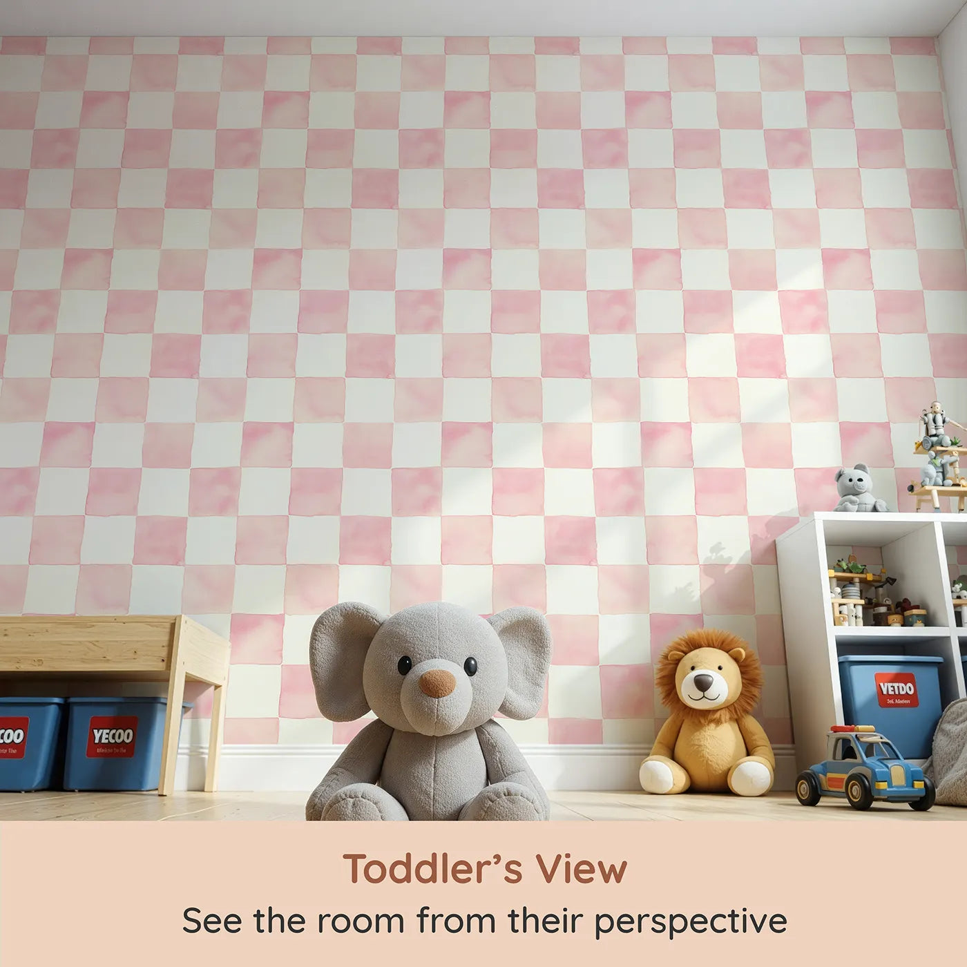 Whimsy Tots Gingham Watercolor Grid Wallpaper in Strawberry (W3213B) from your child's view.A soft pink watercolor checkerboard that soothes and brightens their day.