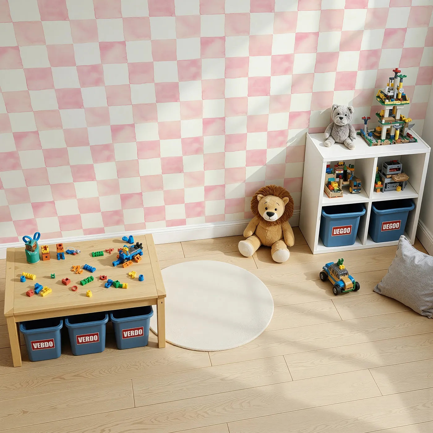 Top-Down view of Whimsy Tots' Gingham Watercolor Grid Wallpaper in Strawberry (W3213B).A soft pink watercolor checkerboard that soothes and brightens their day.