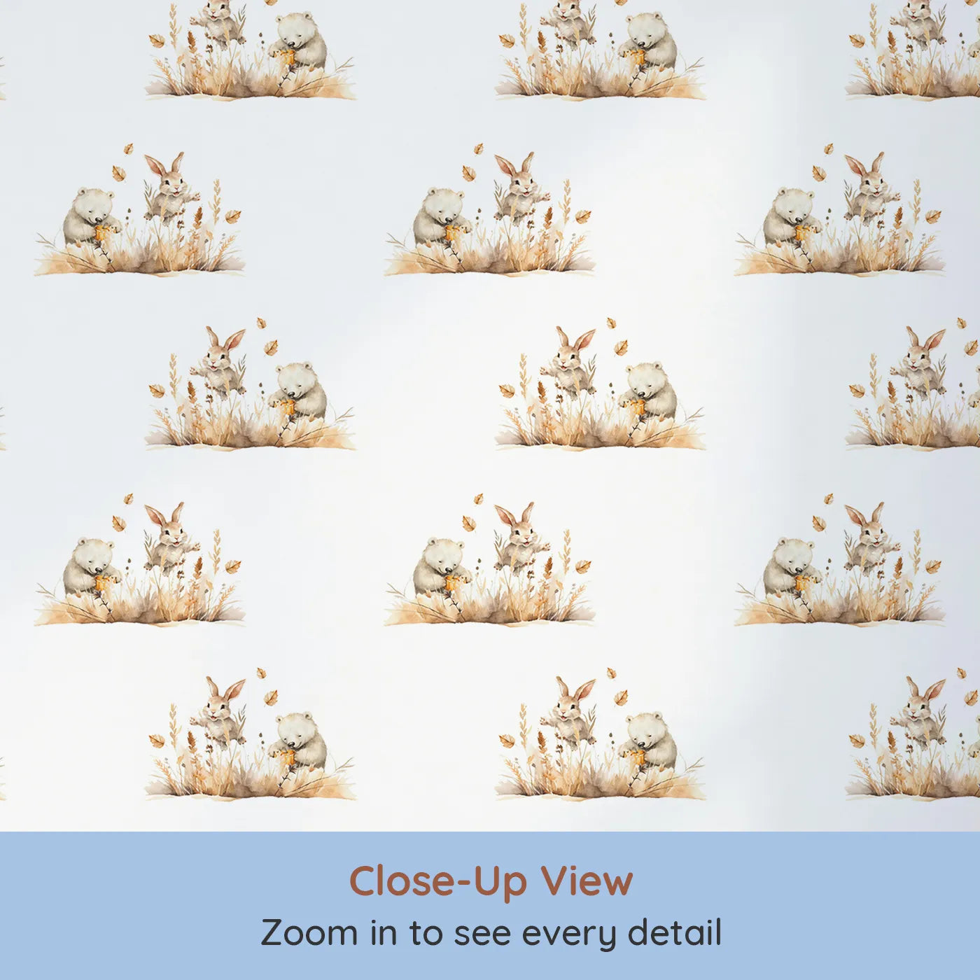 Close-up view of Whimsy Tots' Wheatfield Snuggle Friends Wallpaper (W3215).A gentle bear and bunny share a moment in a golden autumn field.