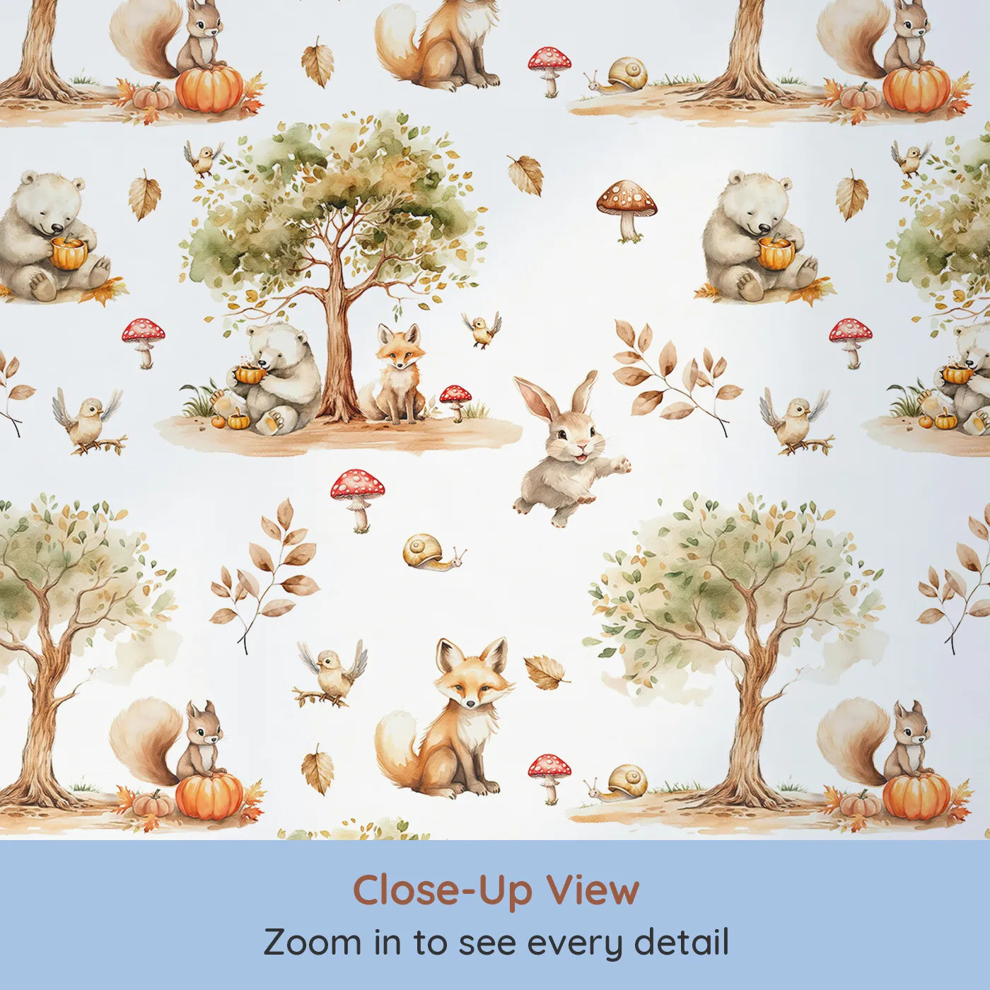 Close-up view of Whimsy Tots' Autumn Forest Friends Wallpaper (W3216).Foxes, bears, and bunnies gather for gentle play beneath the trees.